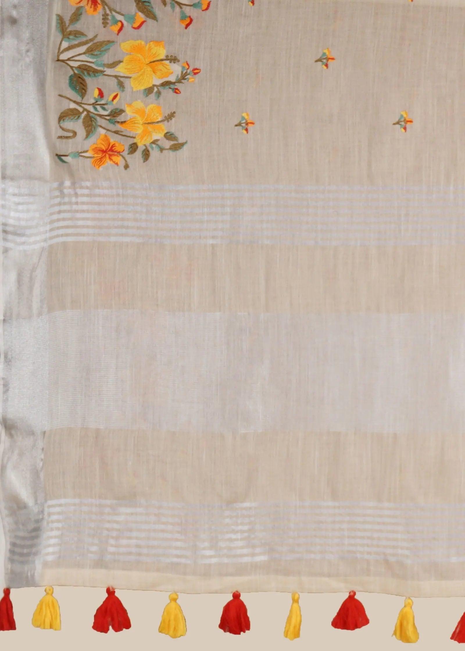 Cream Threadwork Linen Saree - KAJREE