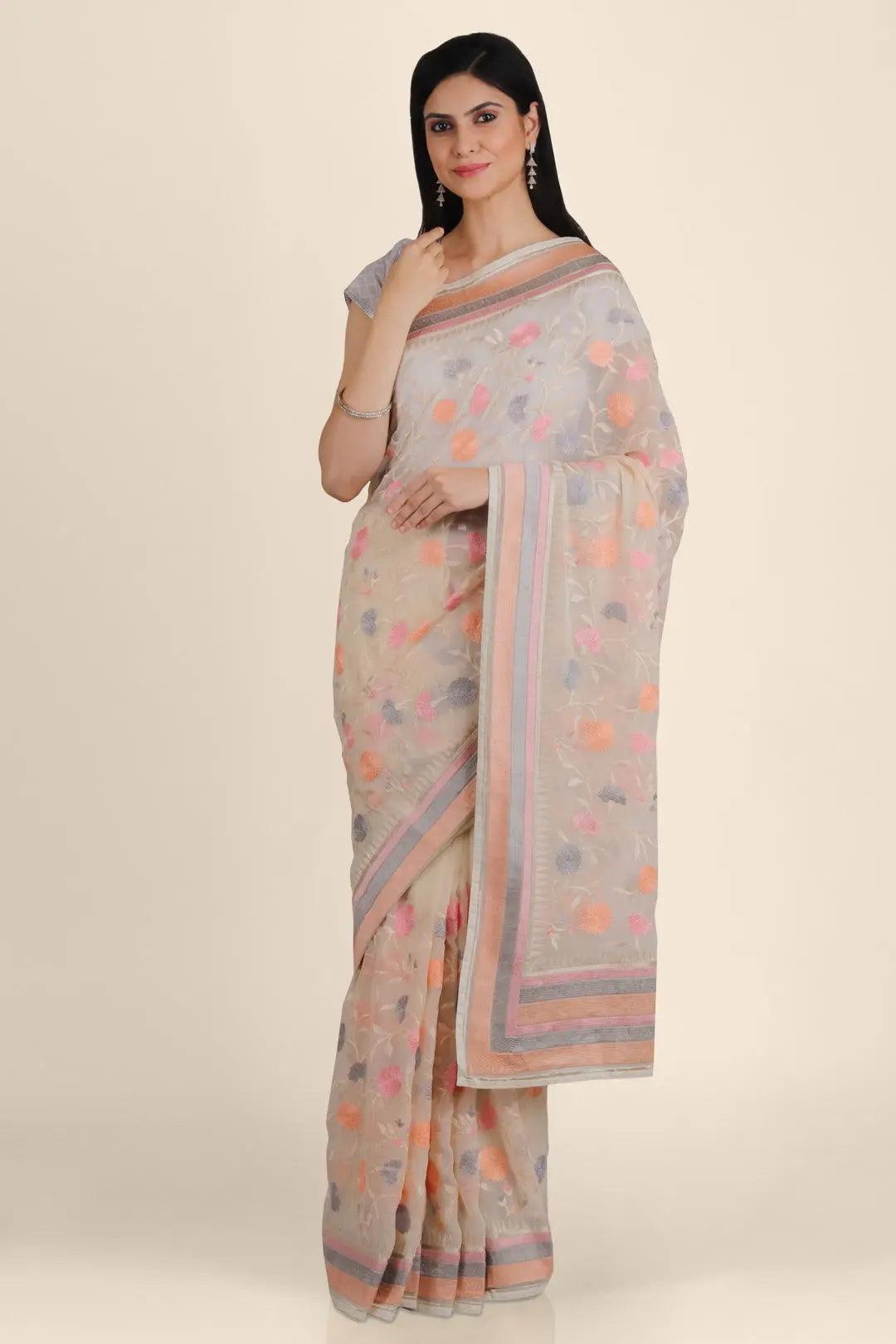 Cream Threadwork Georgette Saree - KAJREE