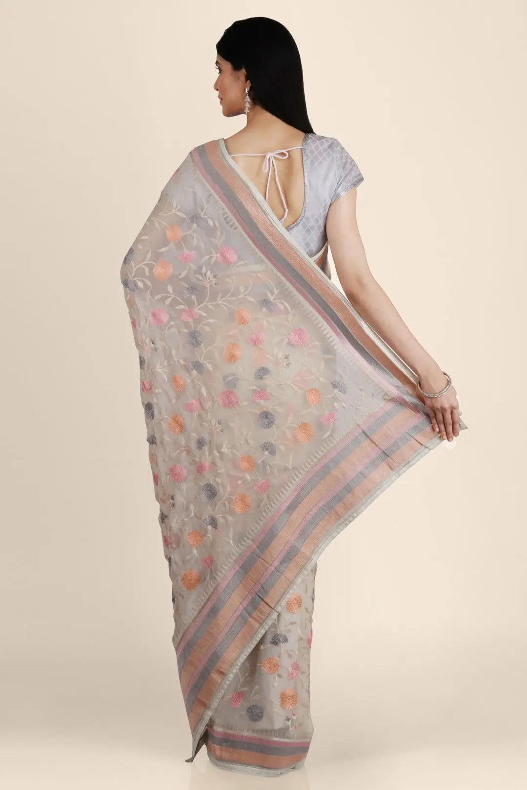 Cream Threadwork Georgette Saree - KAJREE