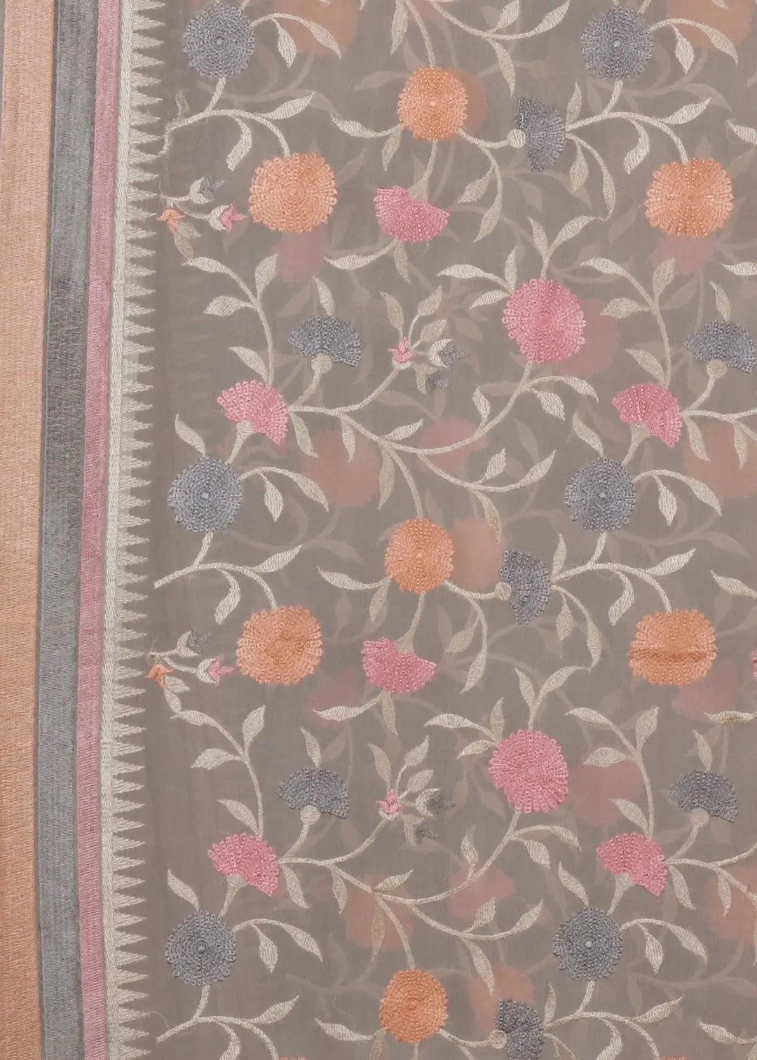 Cream Threadwork Georgette Saree - KAJREE