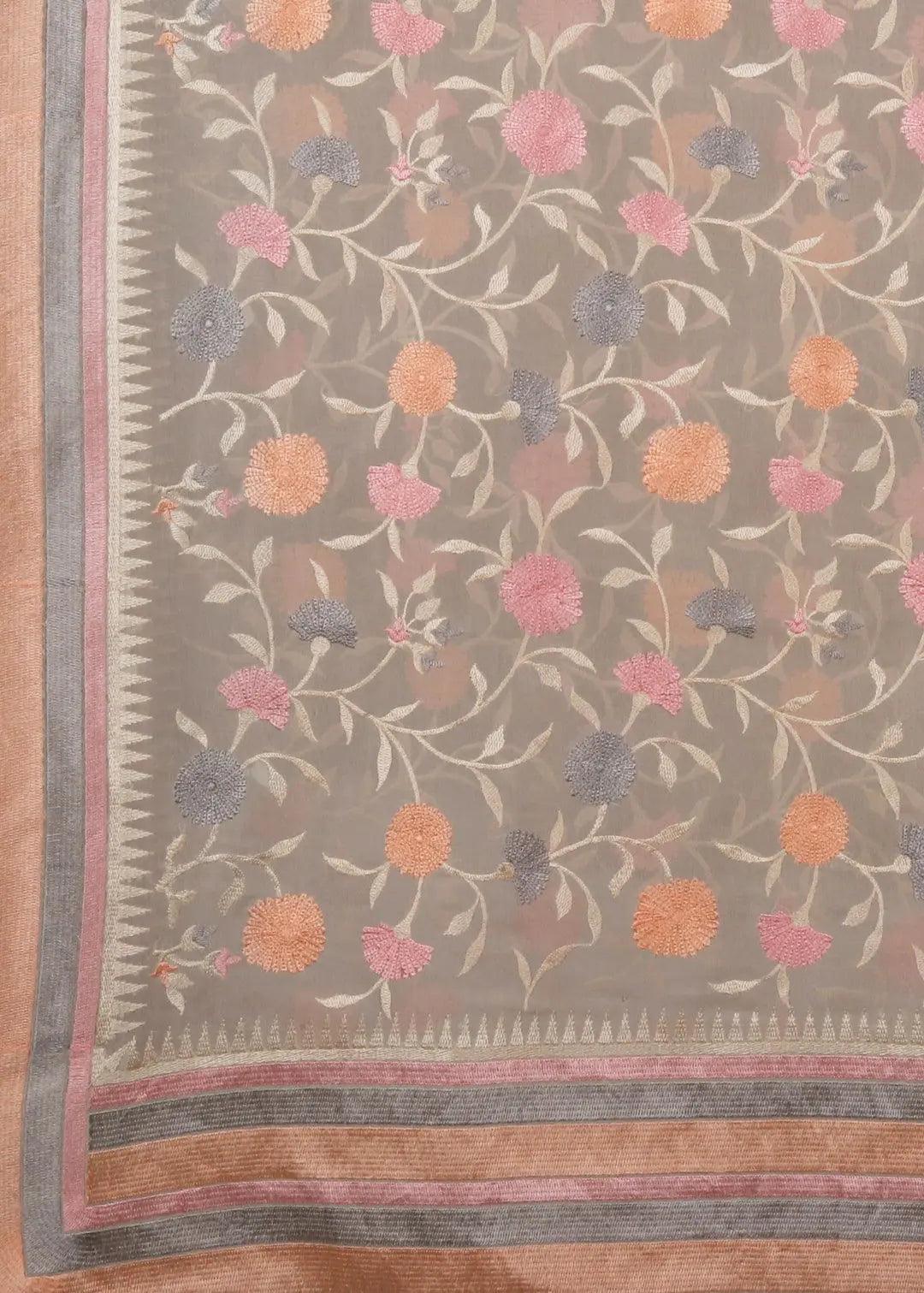 Cream Threadwork Georgette Saree - KAJREE