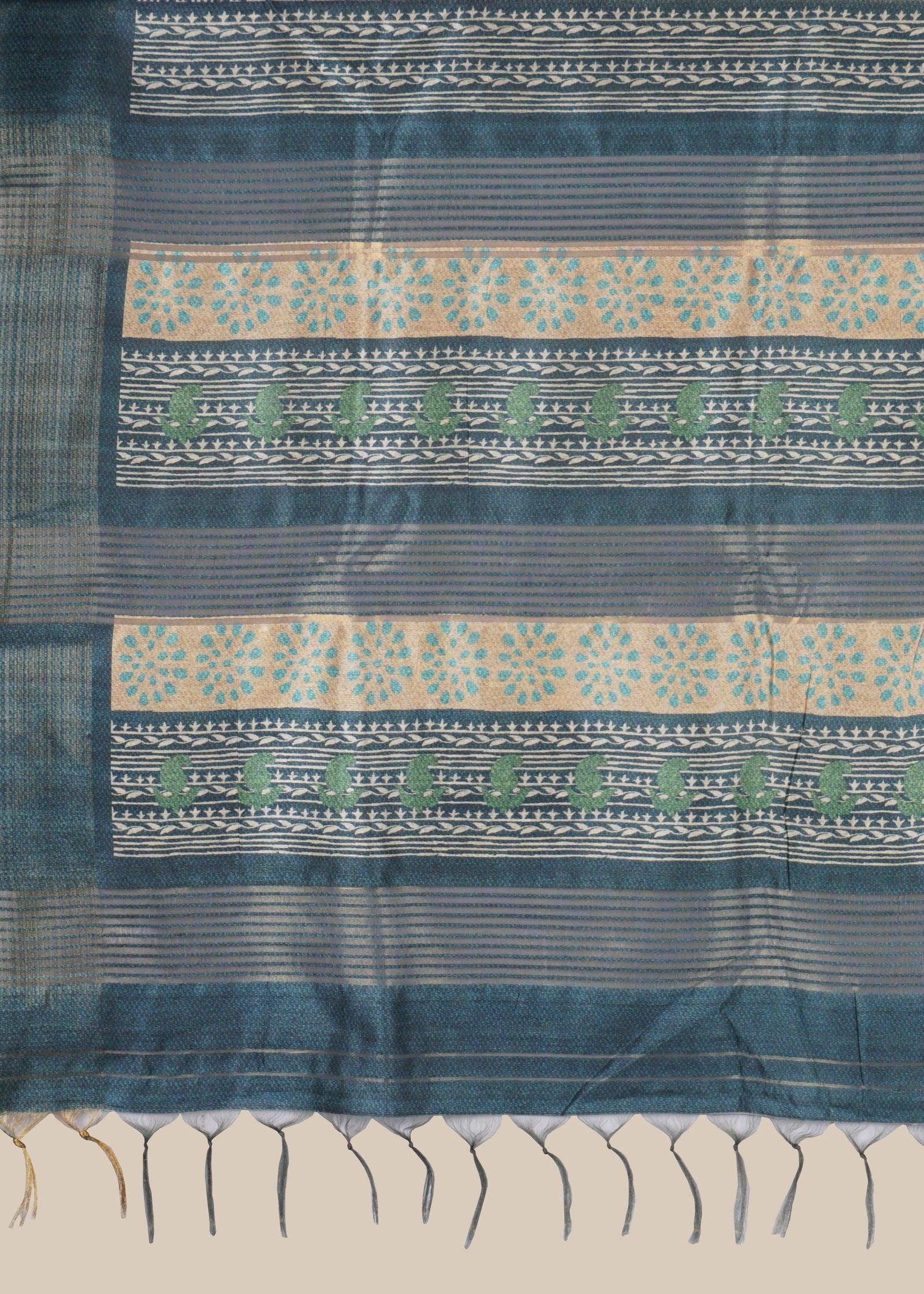 Green Block Print Tussar Saree - KAJREE