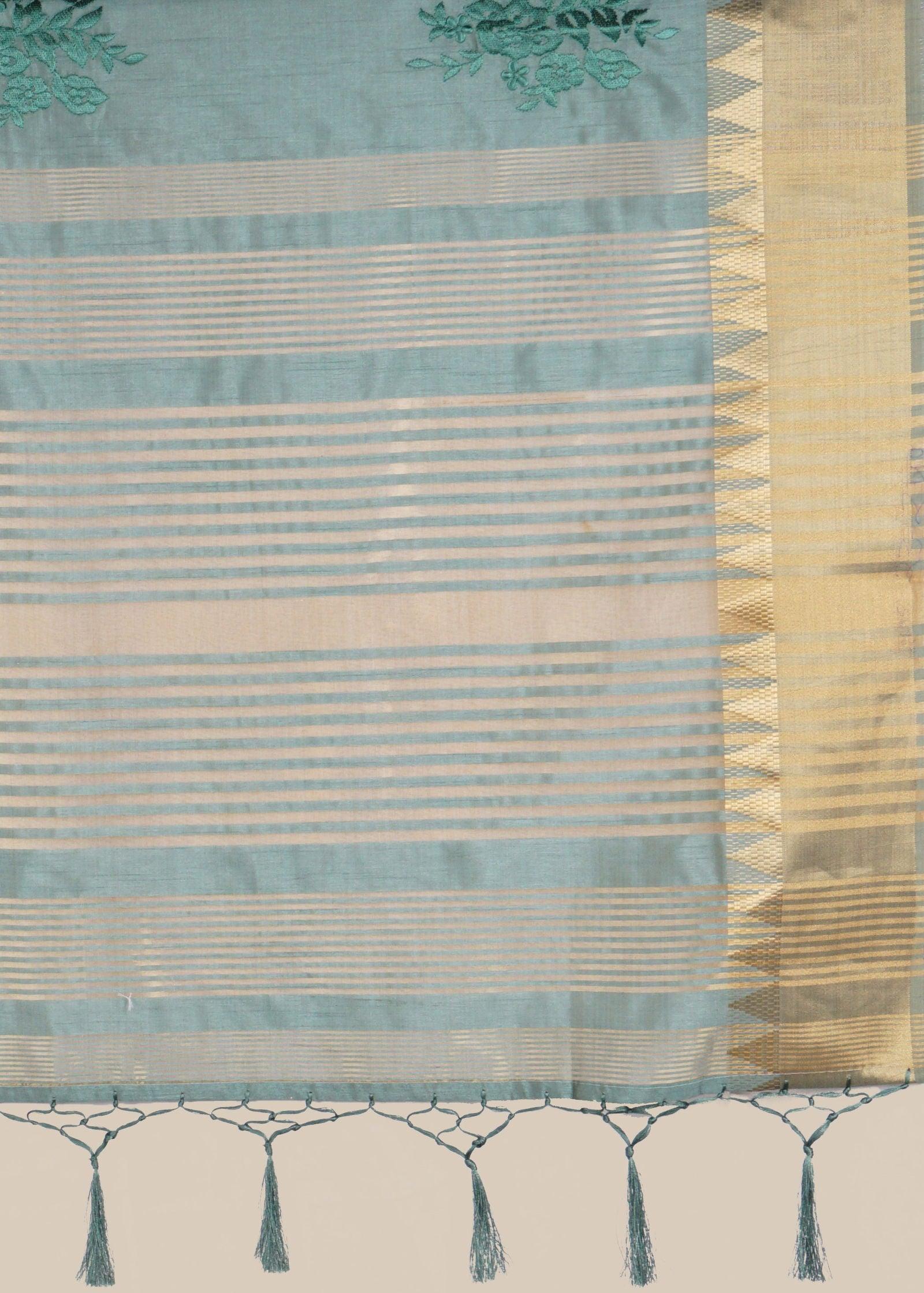 Green Threadwork Raw Silk Saree - KAJREE