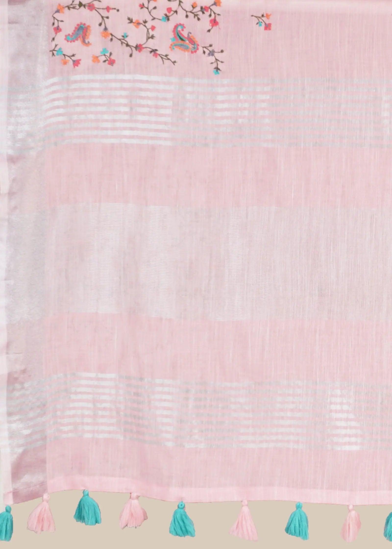 Pink Threadwork Linen Saree - KAJREE