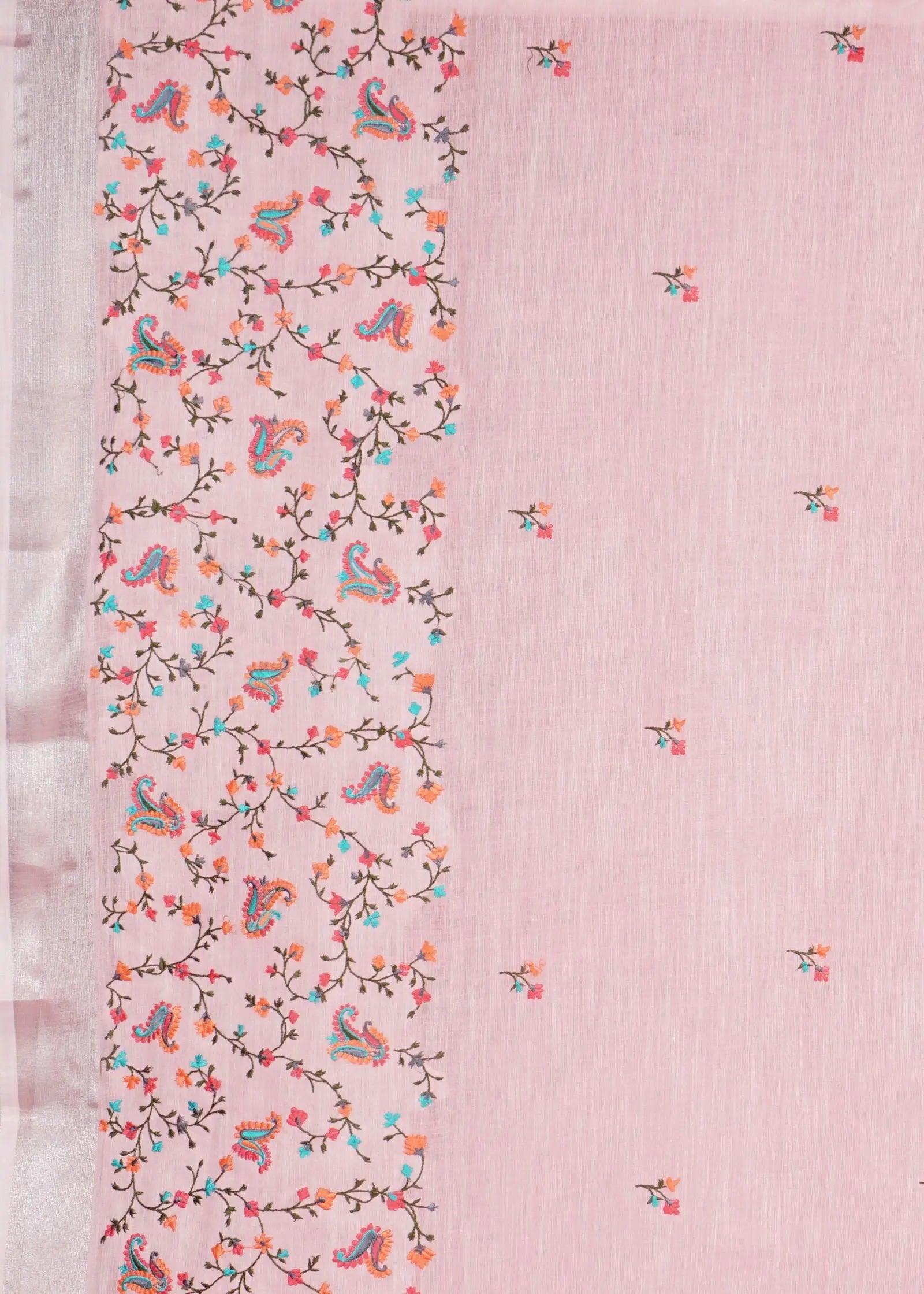 Pink Threadwork Linen Saree - KAJREE