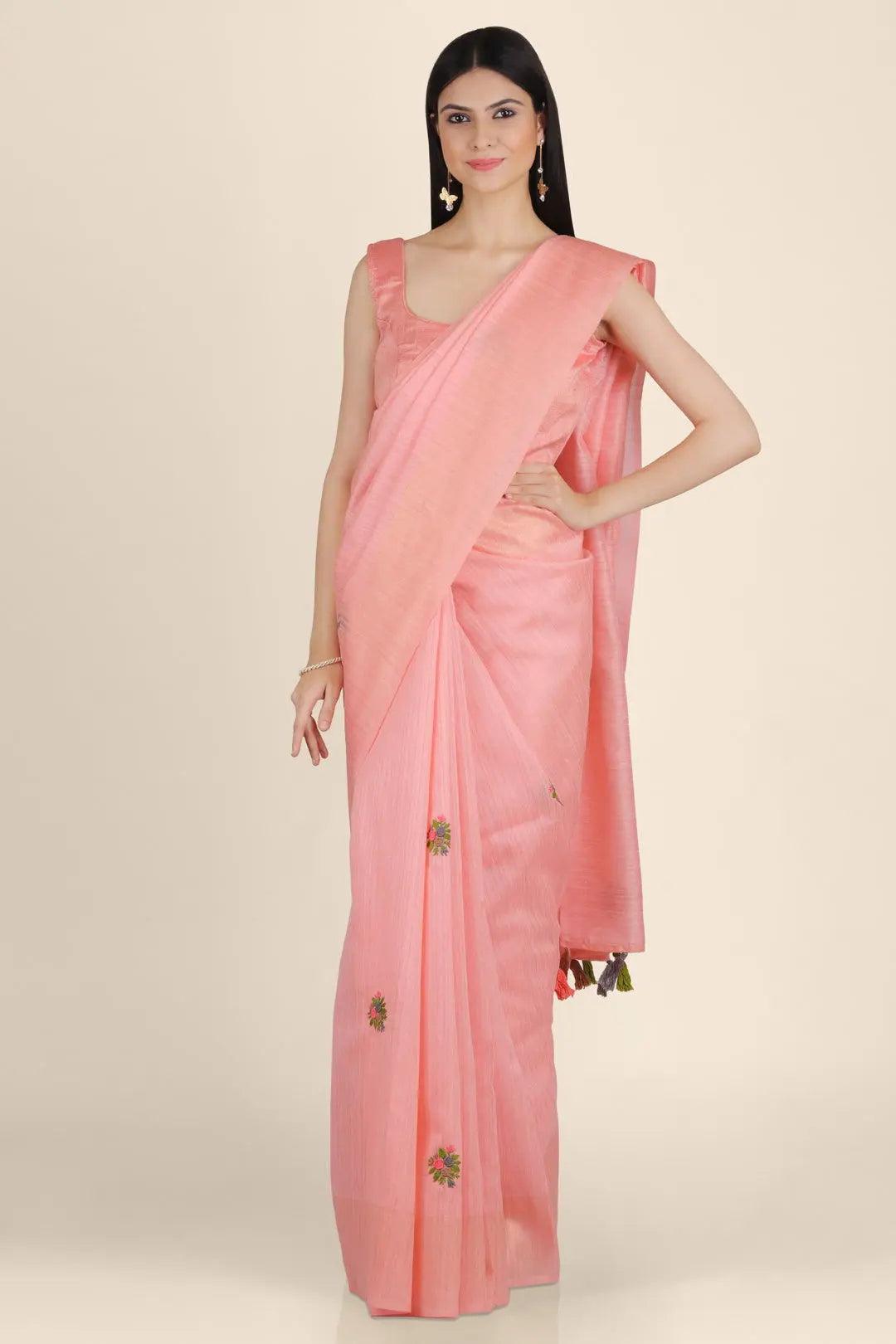 Pink Threadwork Tussar Saree - KAJREE