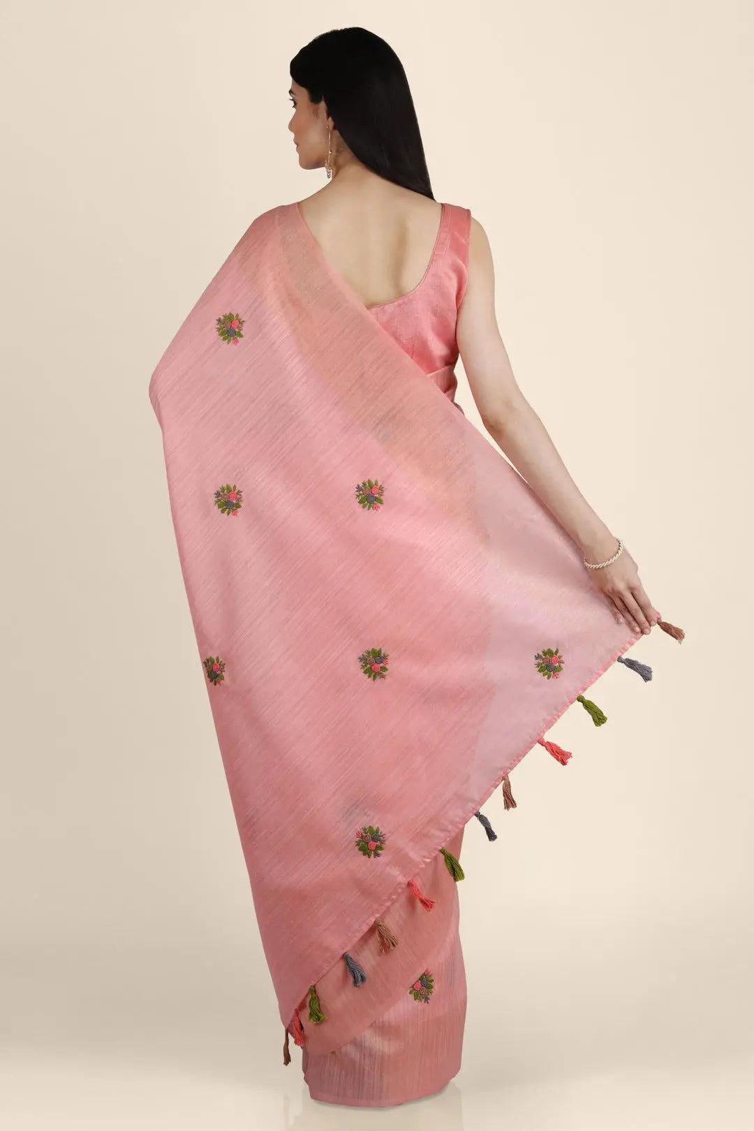 Pink Threadwork Tussar Saree - KAJREE