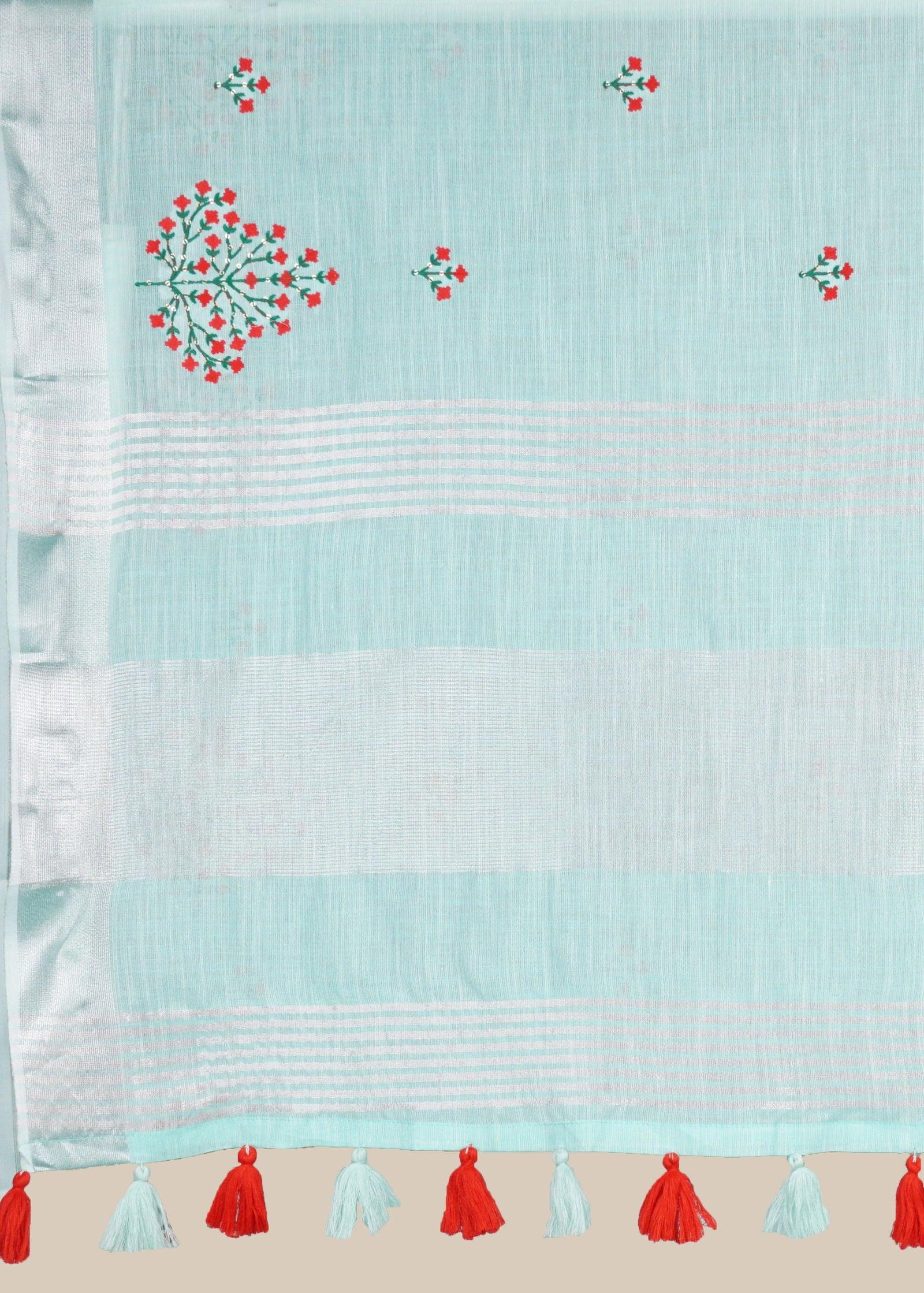 Sky blue Threadwork Linen Saree - KAJREE