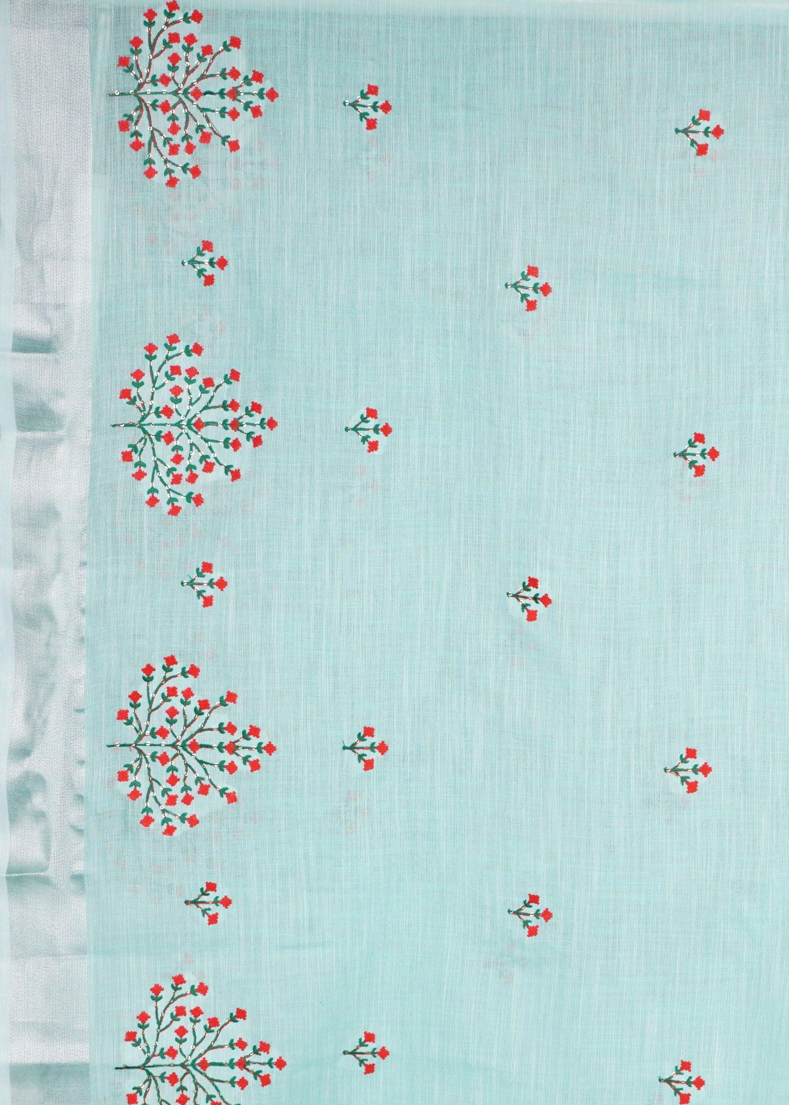 Sky blue Threadwork Linen Saree - KAJREE