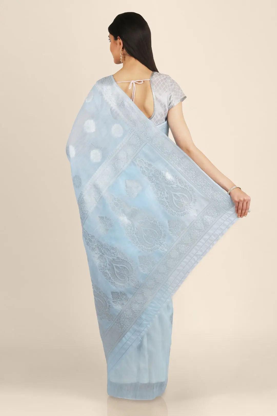 Sky Blue Foil Print Print Linen Saree - KAJREE