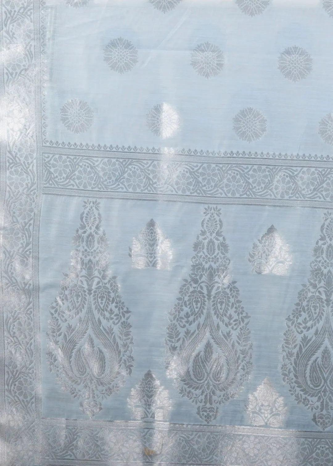 Sky Blue Foil Print Print Linen Saree - KAJREE