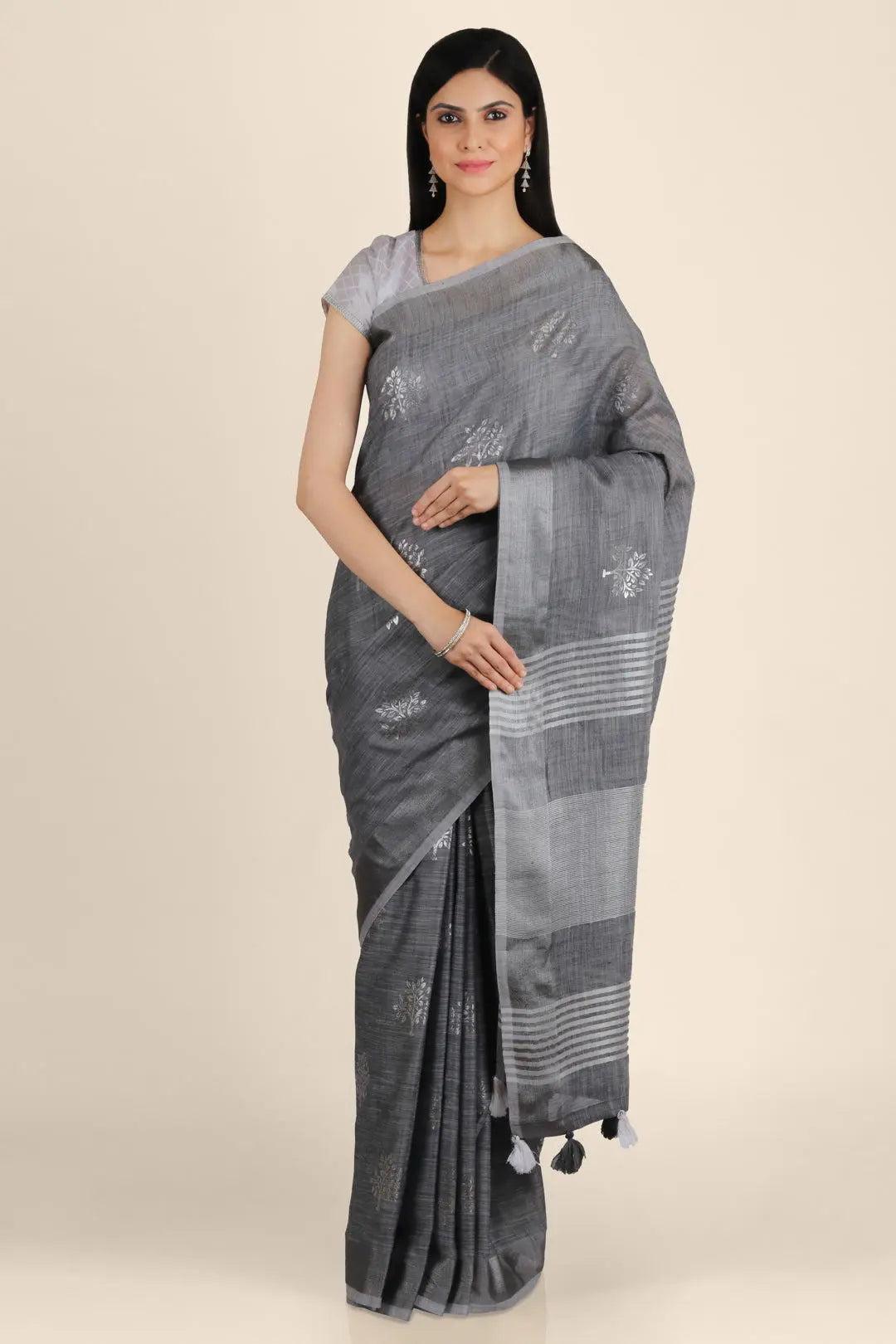 Steel Grey Foil Print Linen Saree - KAJREE