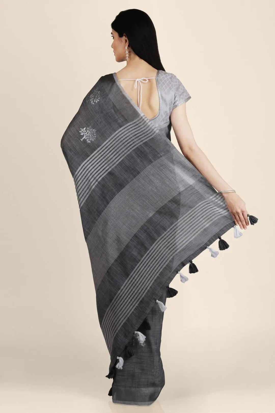 Steel Grey Foil Print Linen Saree - KAJREE