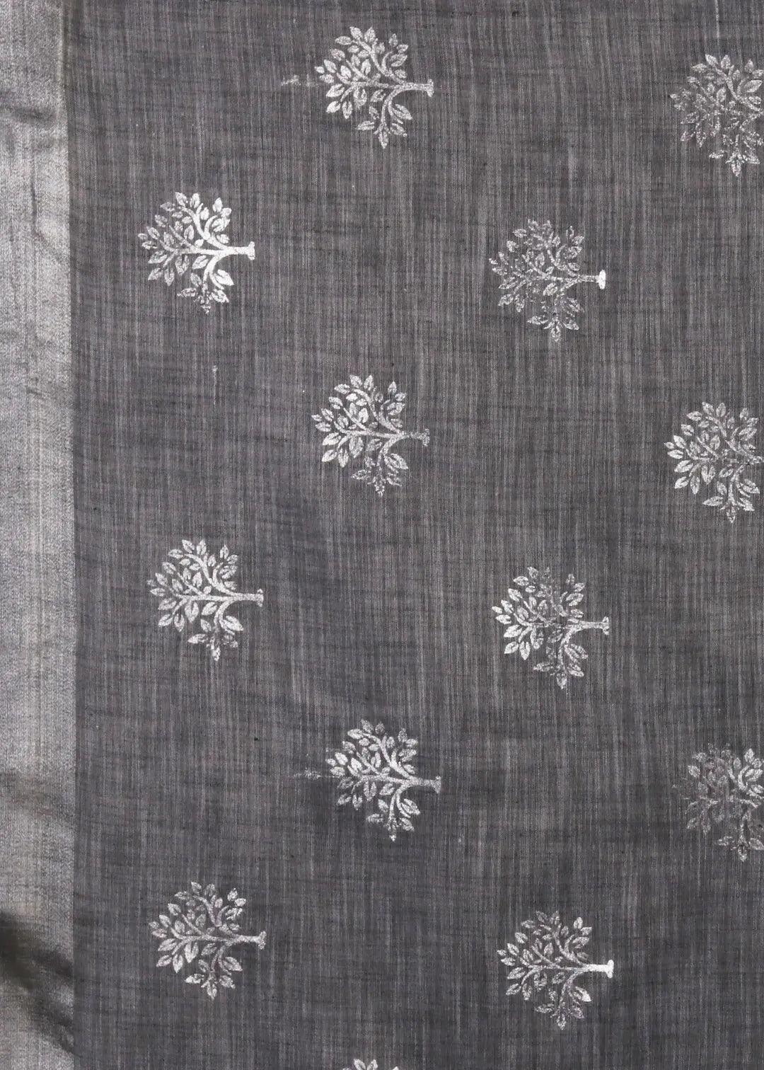 Steel Grey Foil Print Linen Saree - KAJREE