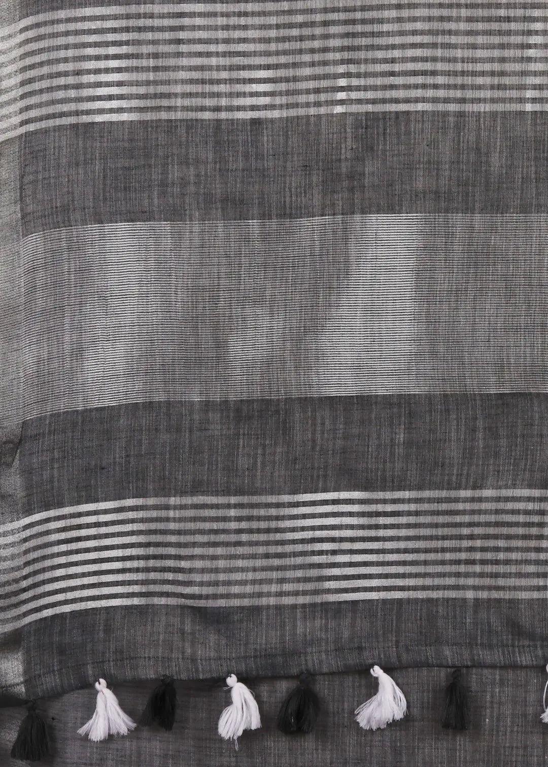 Steel Grey Foil Print Linen Saree - KAJREE