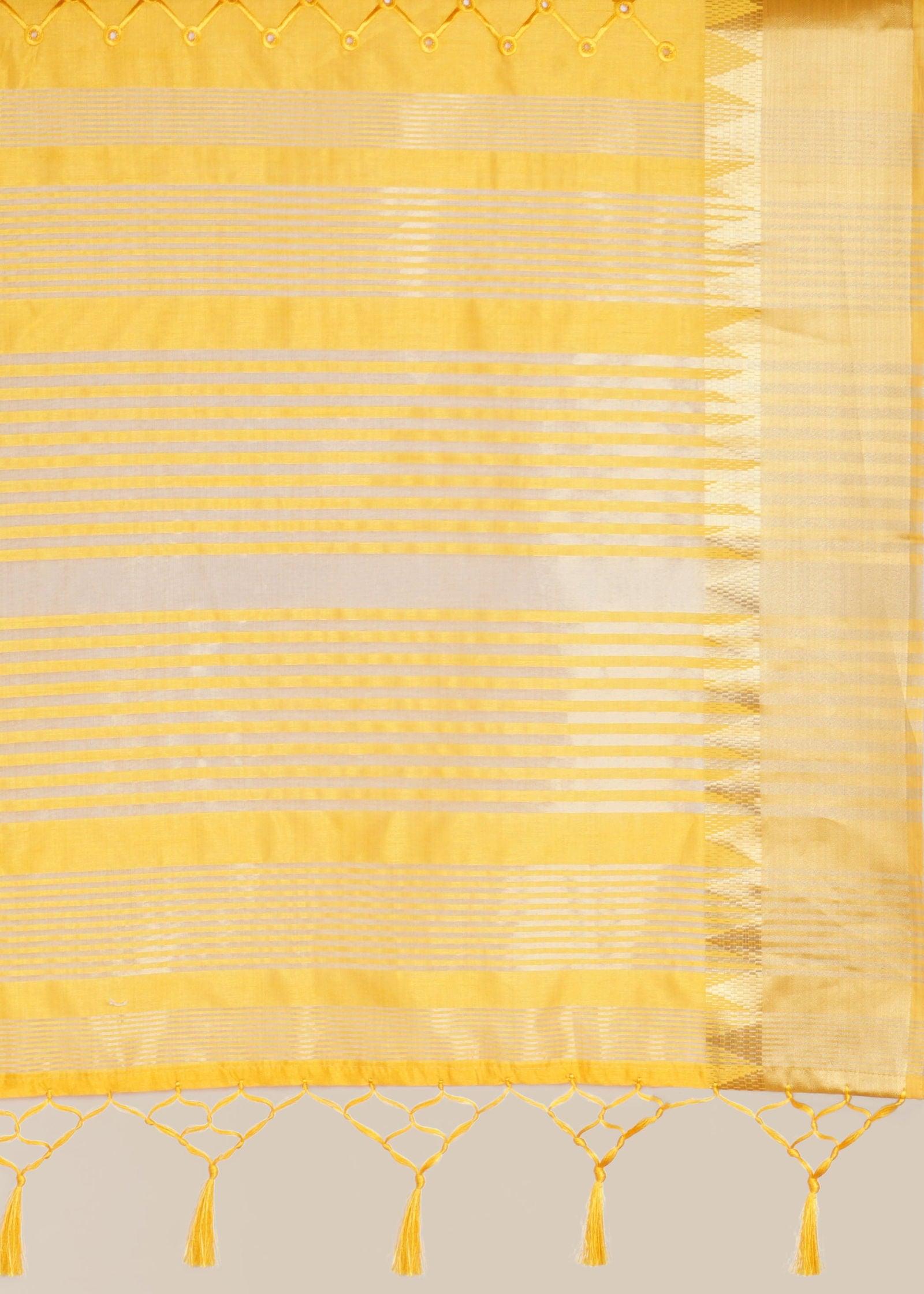 Yellow Threadwork Linen Saree - KAJREE