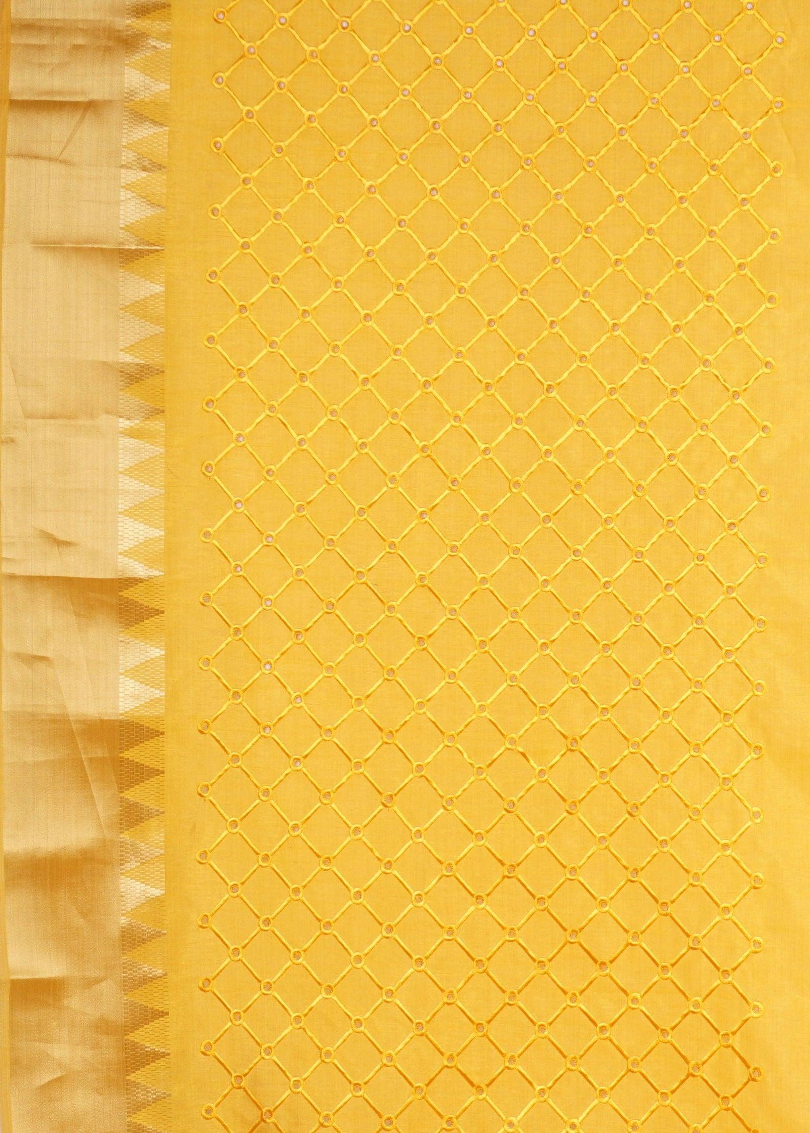 Yellow Threadwork Linen Saree - KAJREE