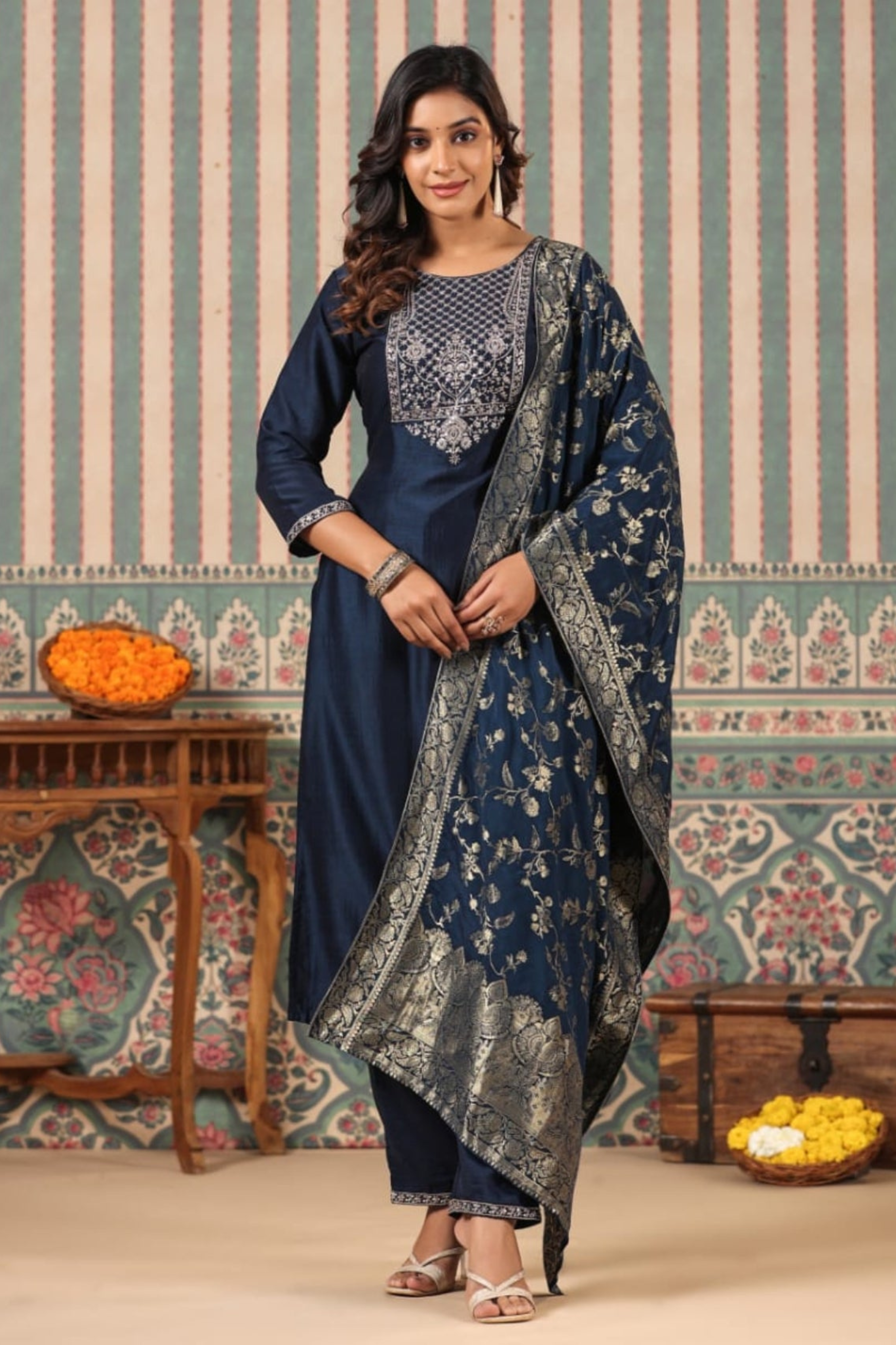 Blue Gottapati work Silk Kurta Set - KAJREE