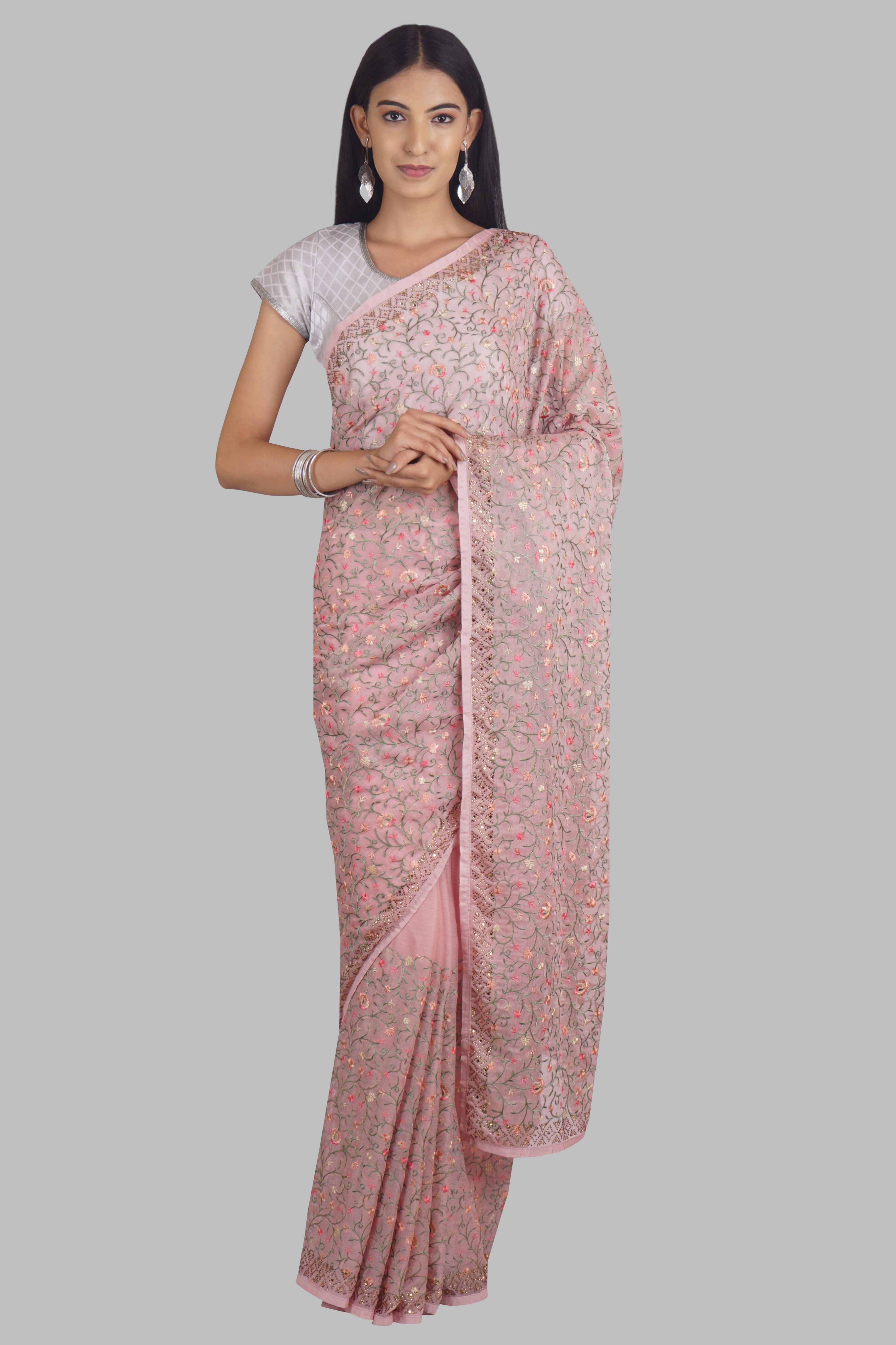 Pink Threadwork Georgette Saree 