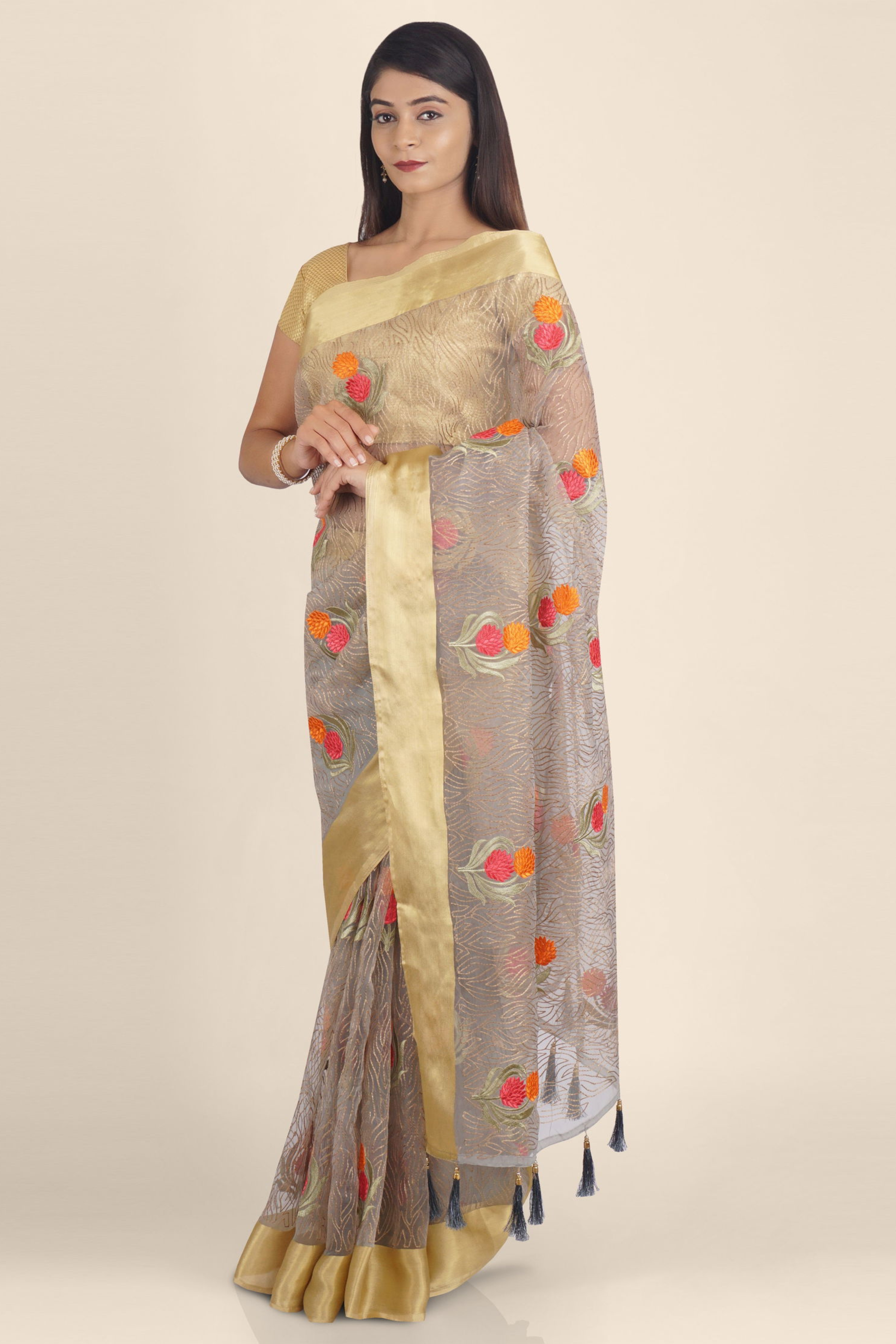 Grey Threadwork Organza Saree - KAJREE