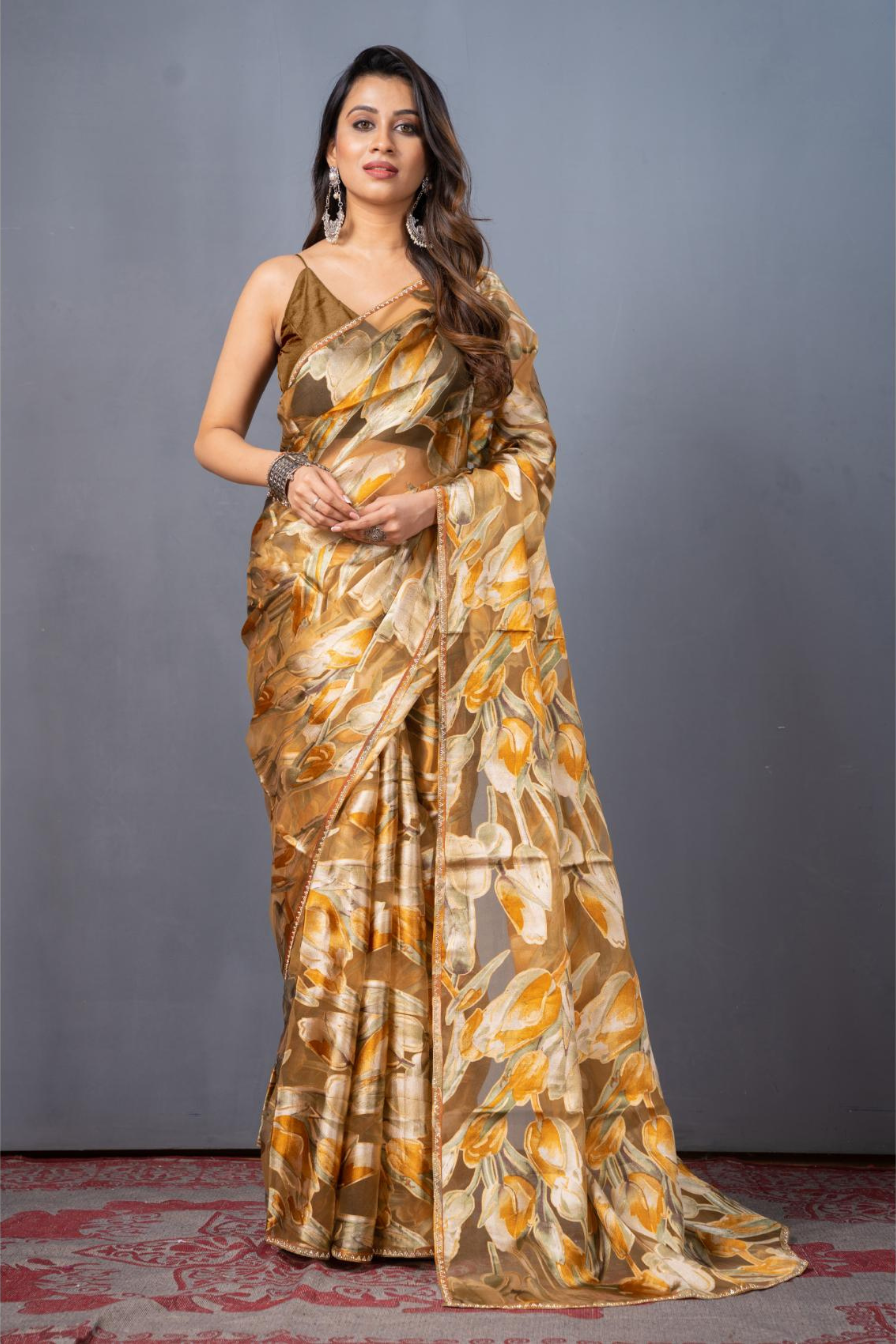 Yellow Block Print Stonework Organza Saree - Kajree 