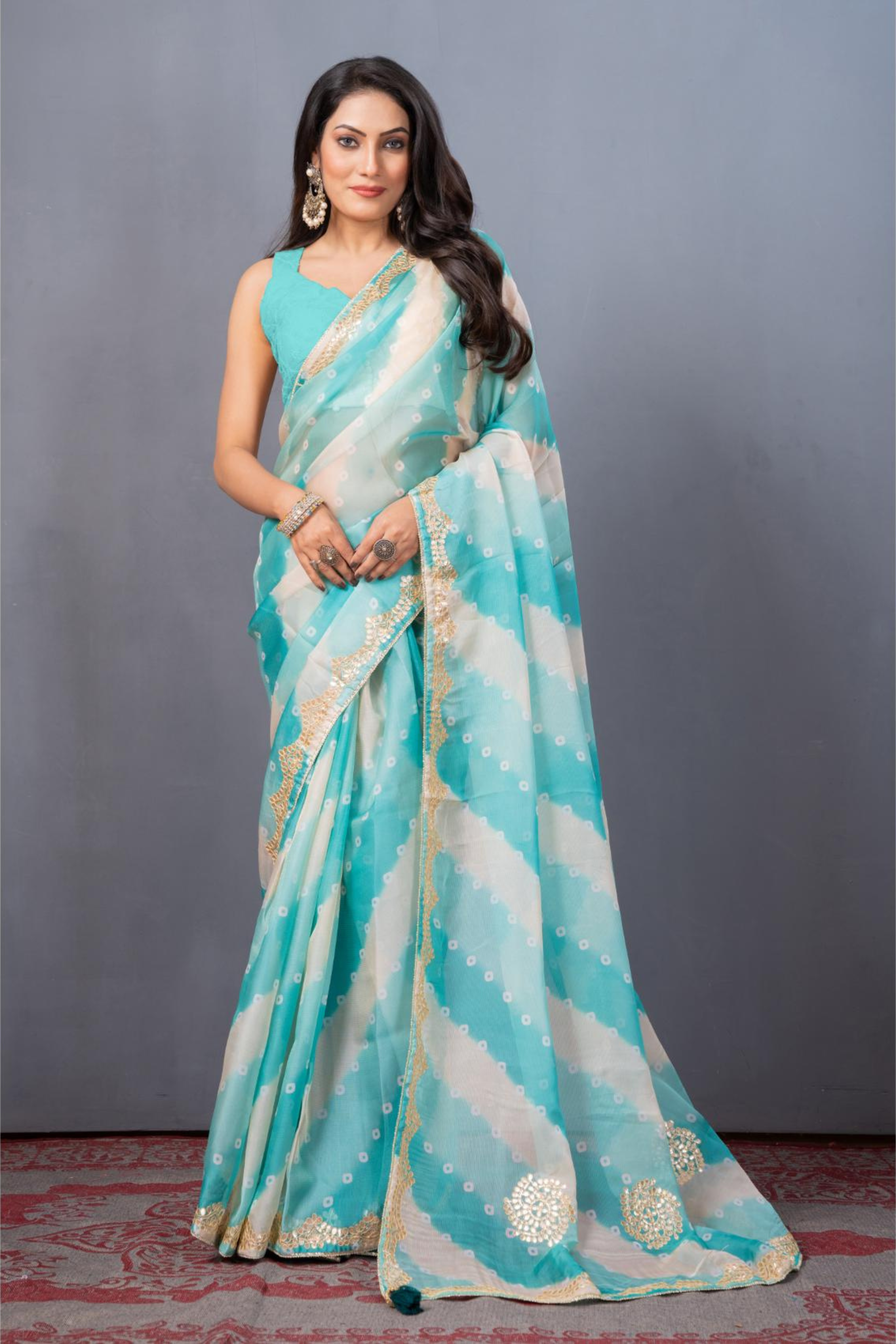 Blue Gottapatti work Organza Saree - Kajree 