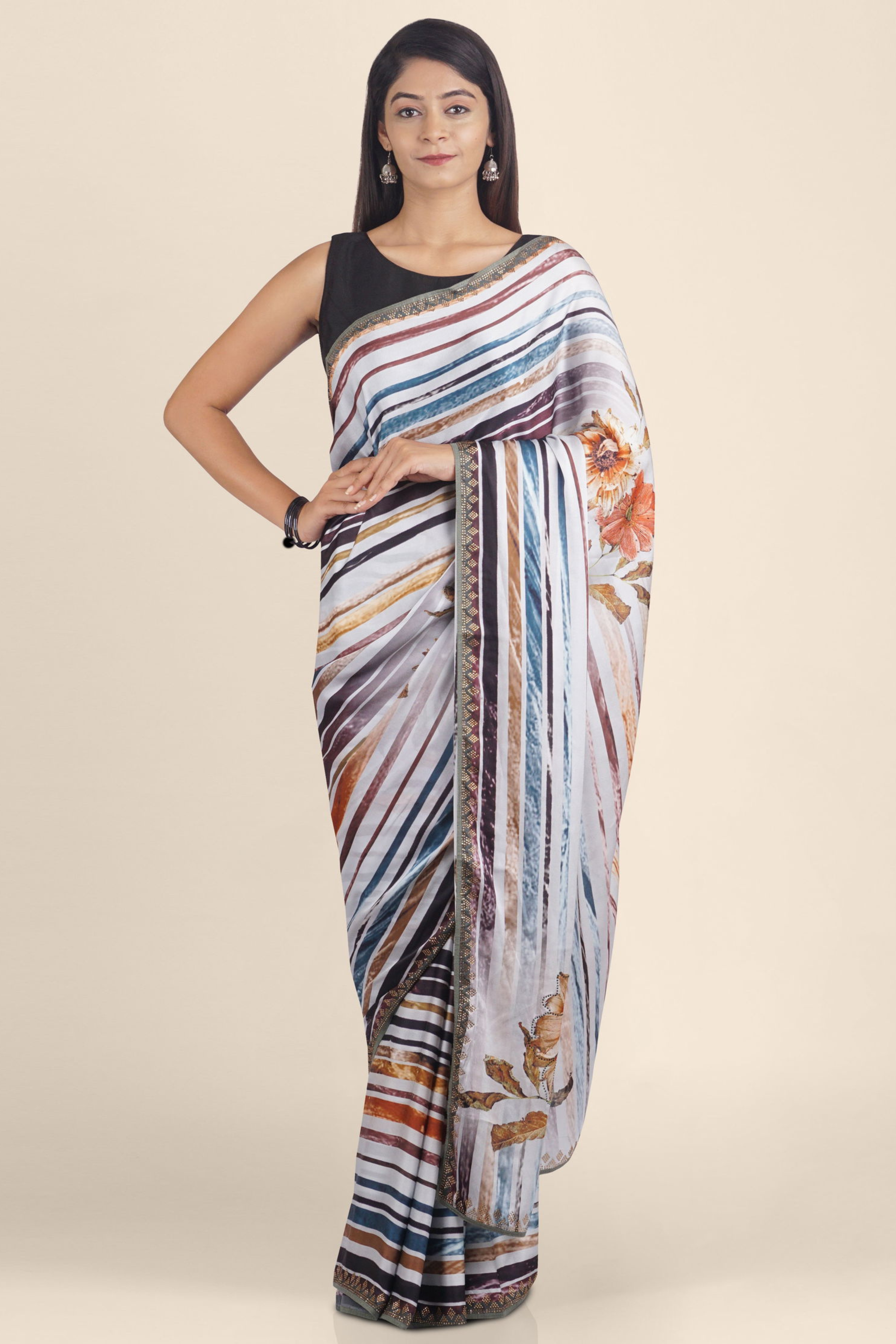 White Block Print Italian Crepe Saree - KAJREE