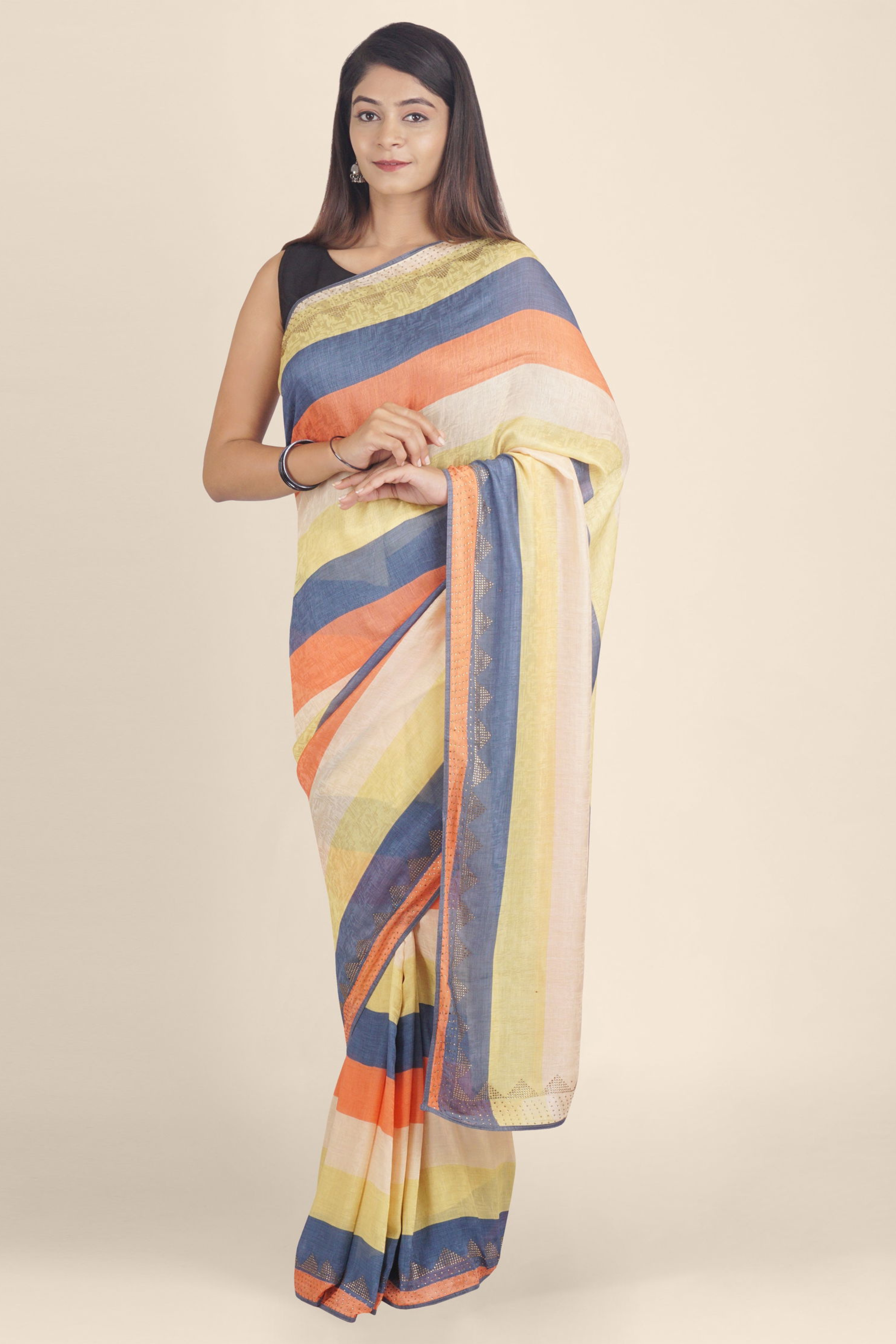 Multicoloured Blockprint Italian Crepe Saree - KAJREE