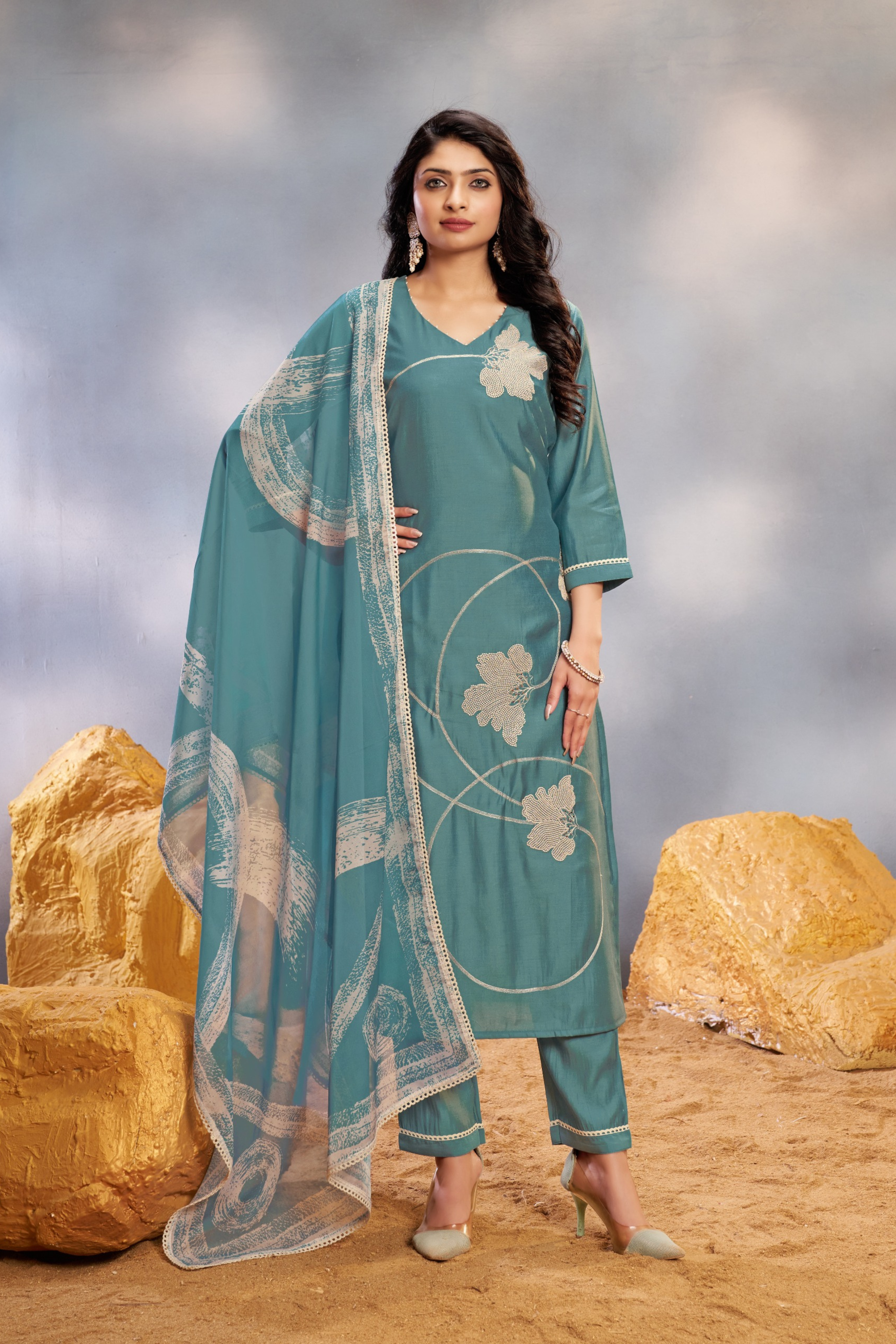Light Blue Cut Dana work Muslin Kurta Set - Kajree

