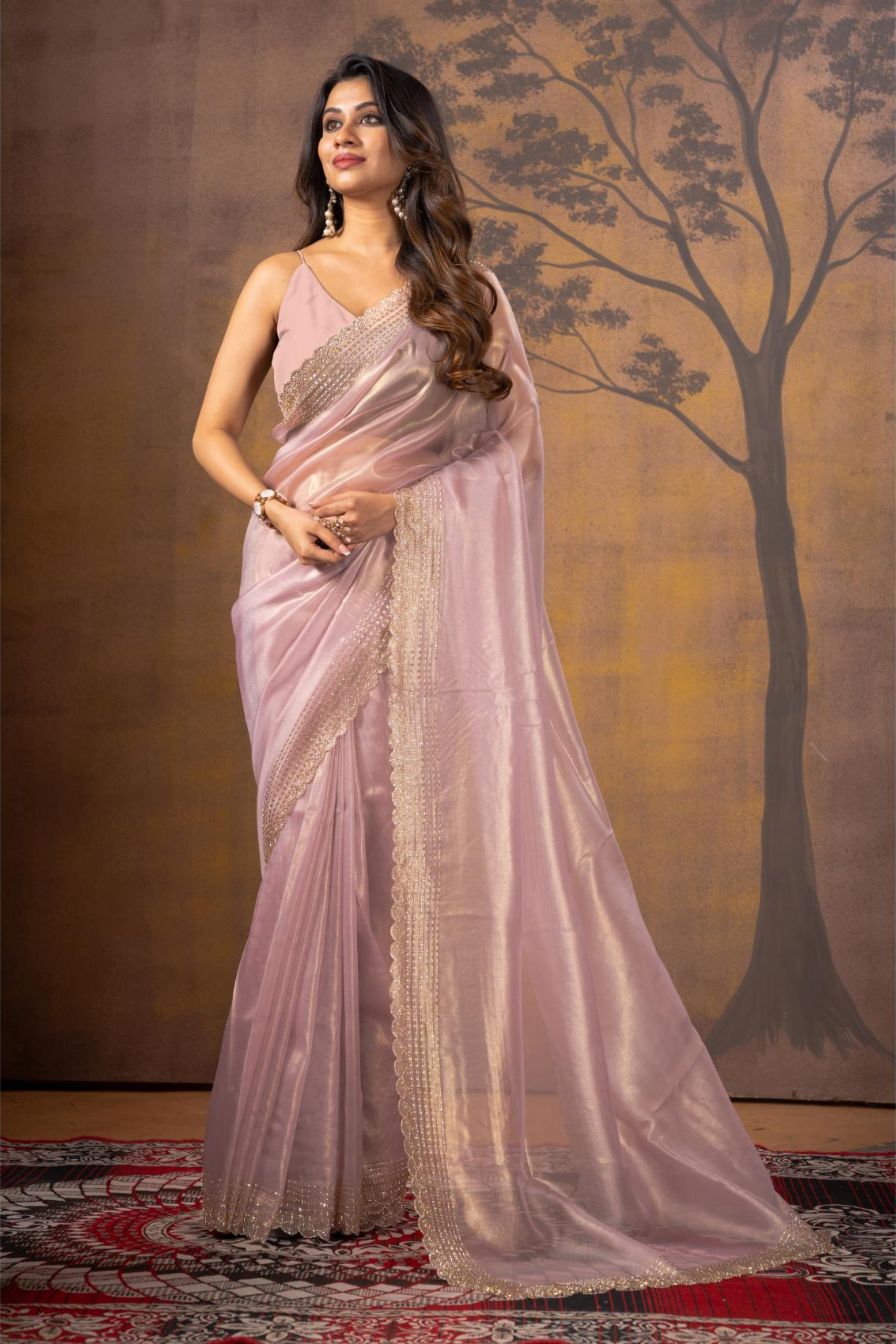 Lilac Block Print Stonework Net Sarees -Kajree  