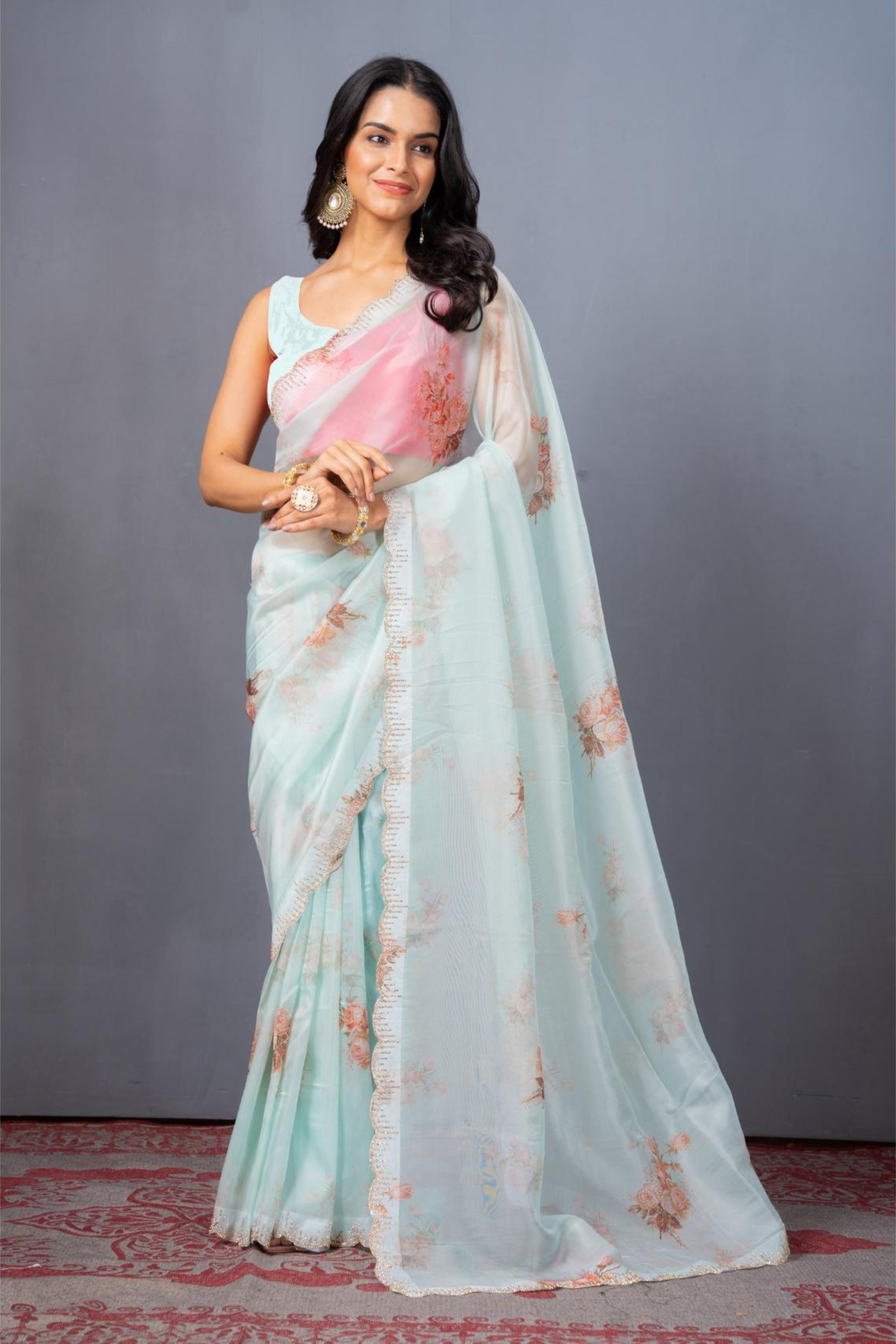Sea Green Block print Stonework Organza Sarees - Kajree