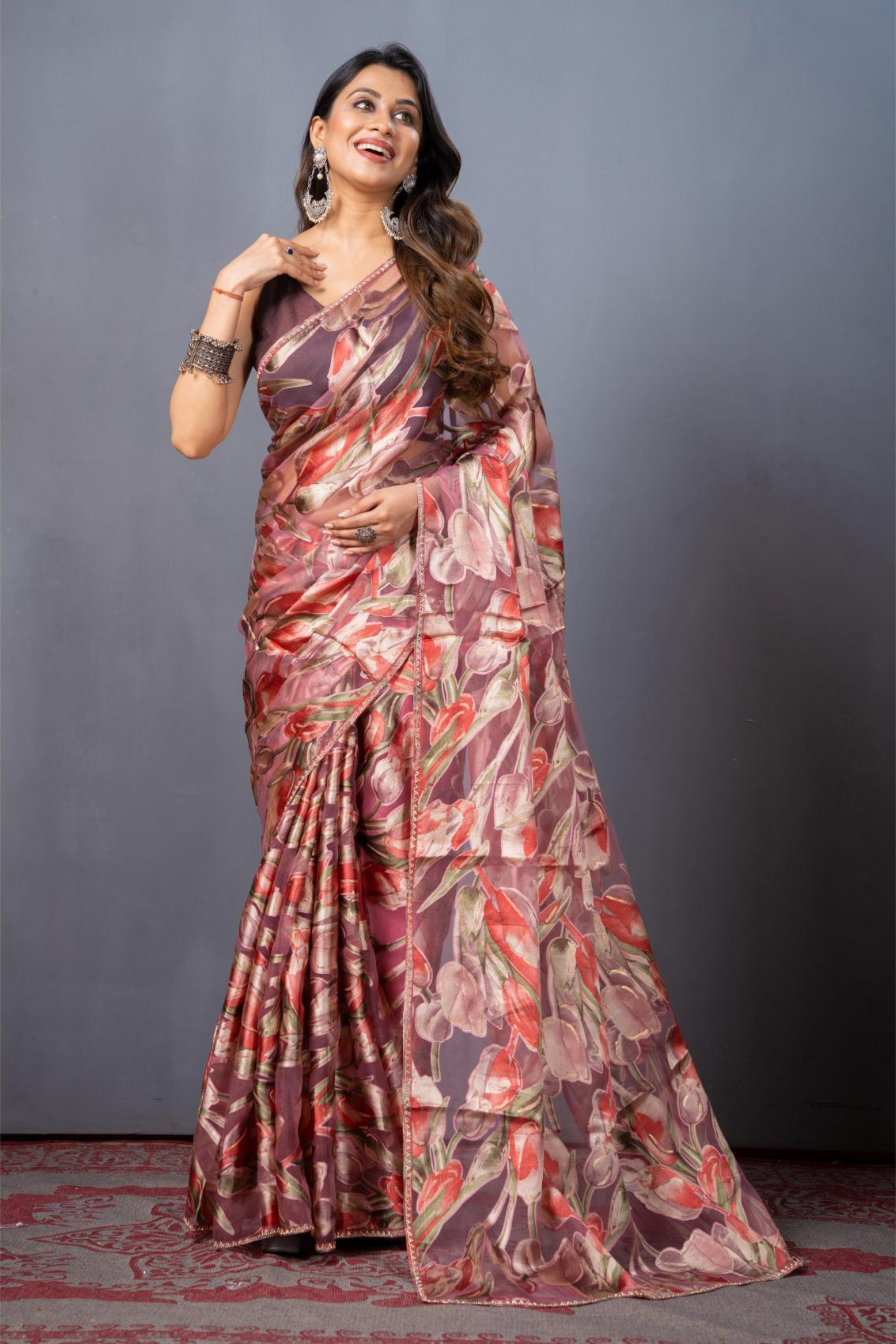 Pink Block print Stonework Organza Drapes - Kajree 