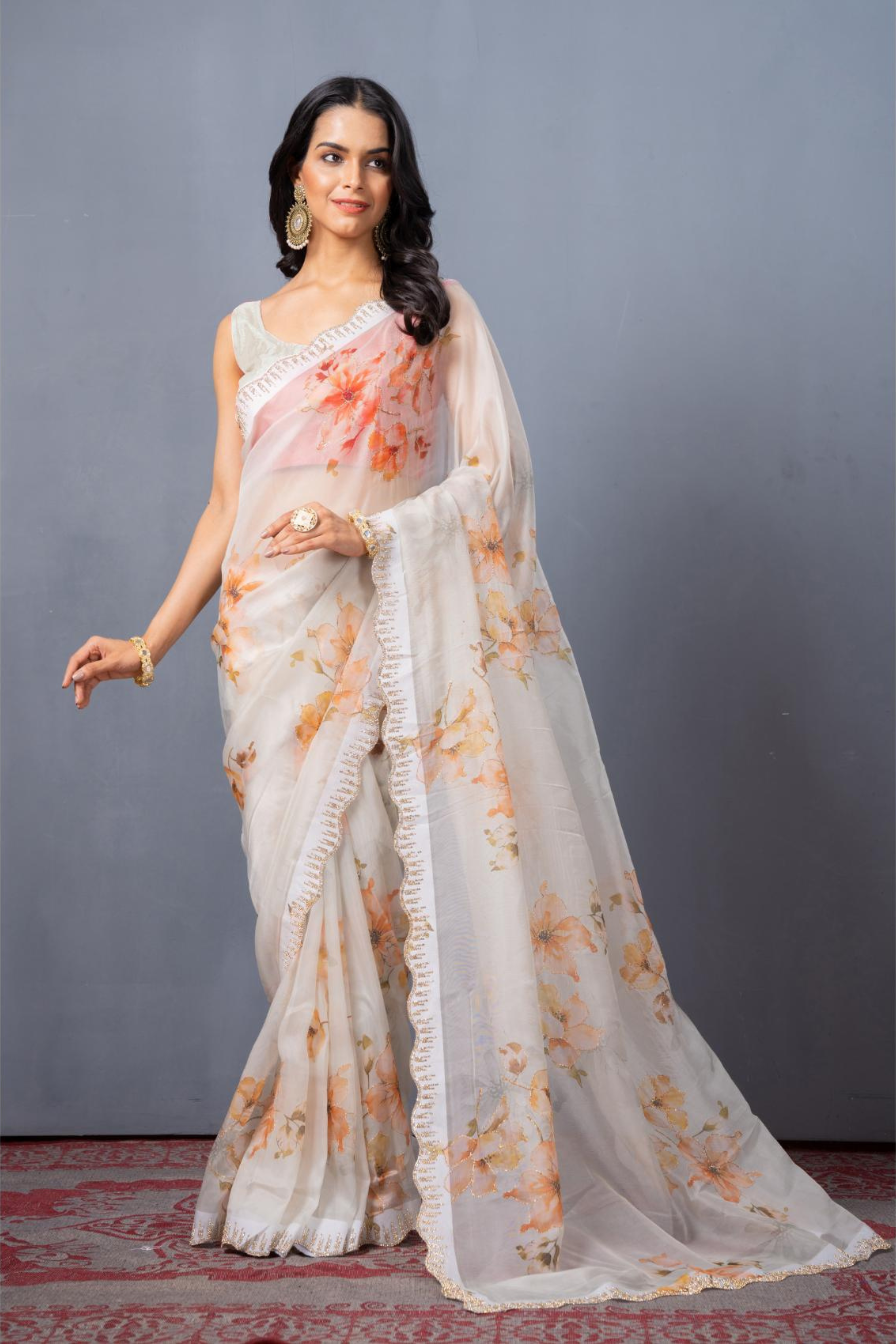 OffWhite Block print Stonework Organza Saree 