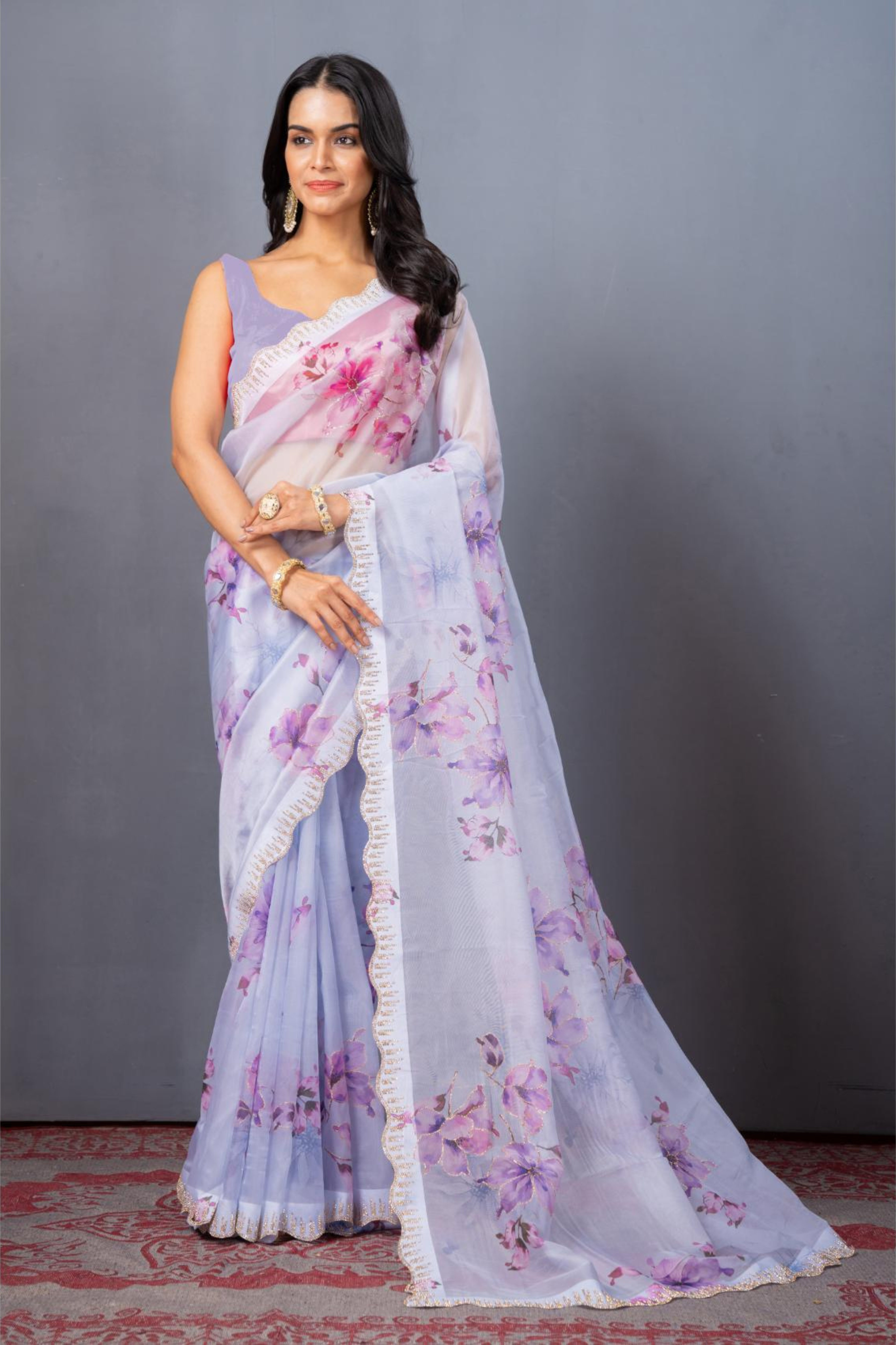 Lavender Stonework Organza Saree - Kajree