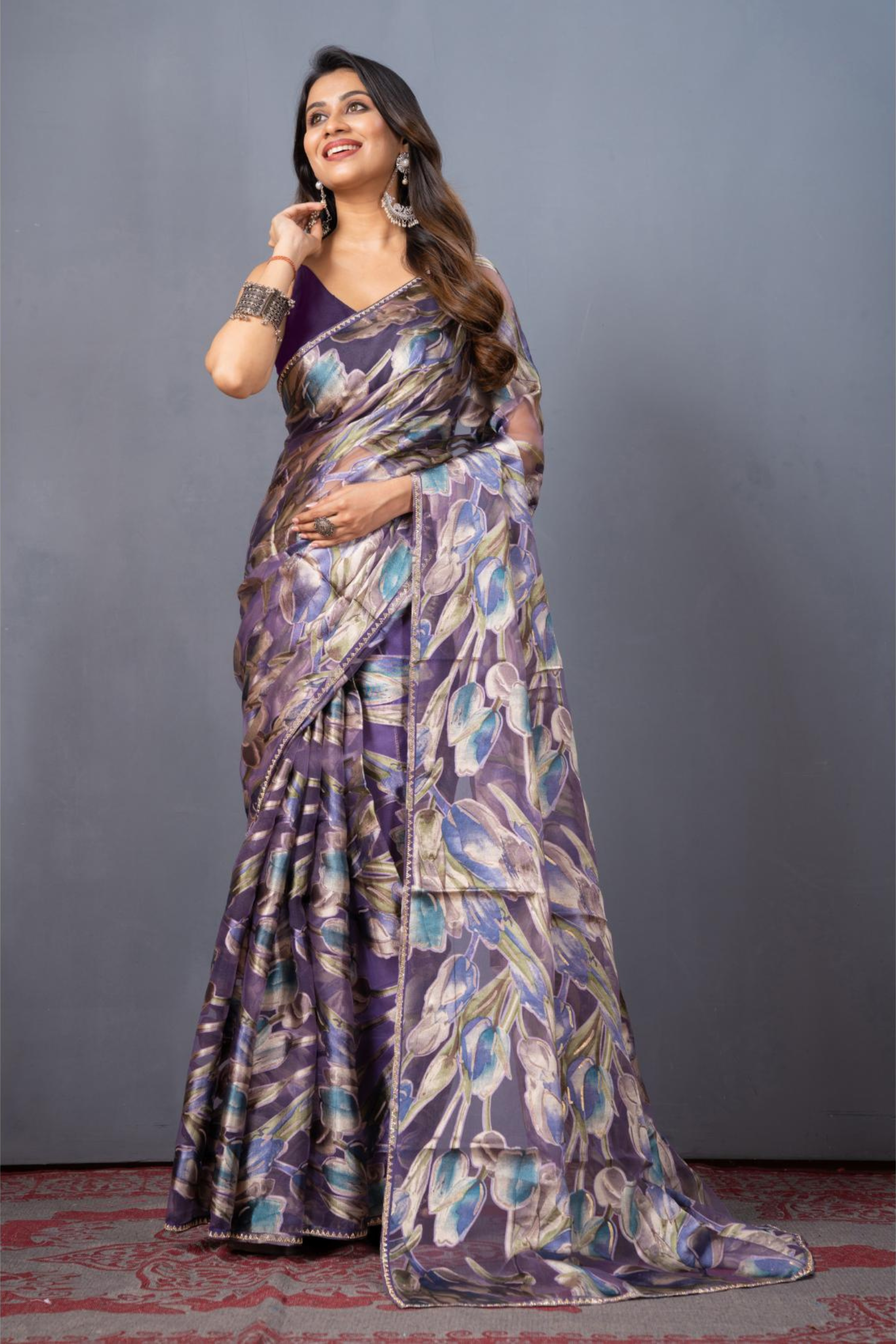 Blue Blaoc print Stonework Organza Drape Saree - Kajree
