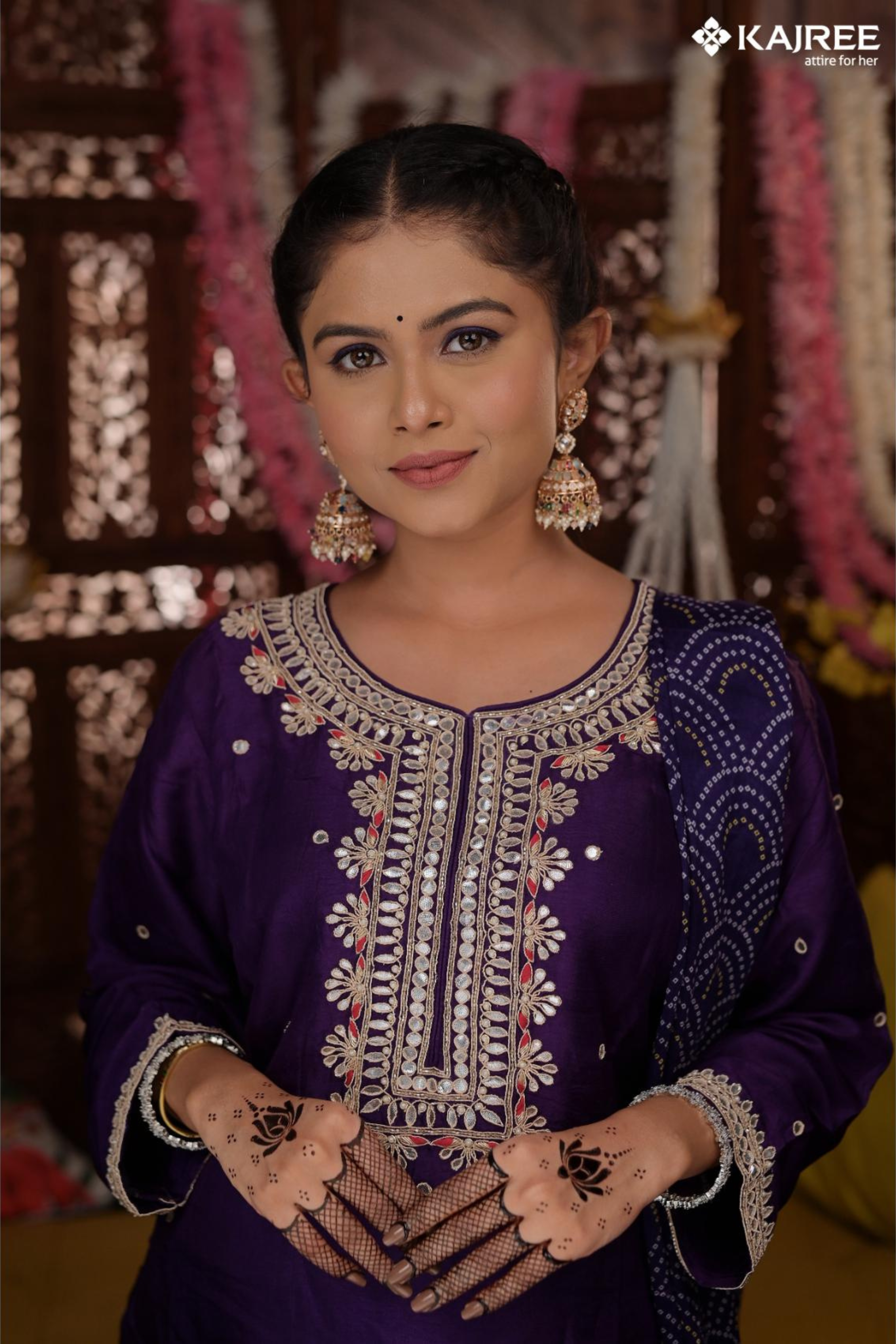 Purple Handwork Embroidery Silk Kurta Set 