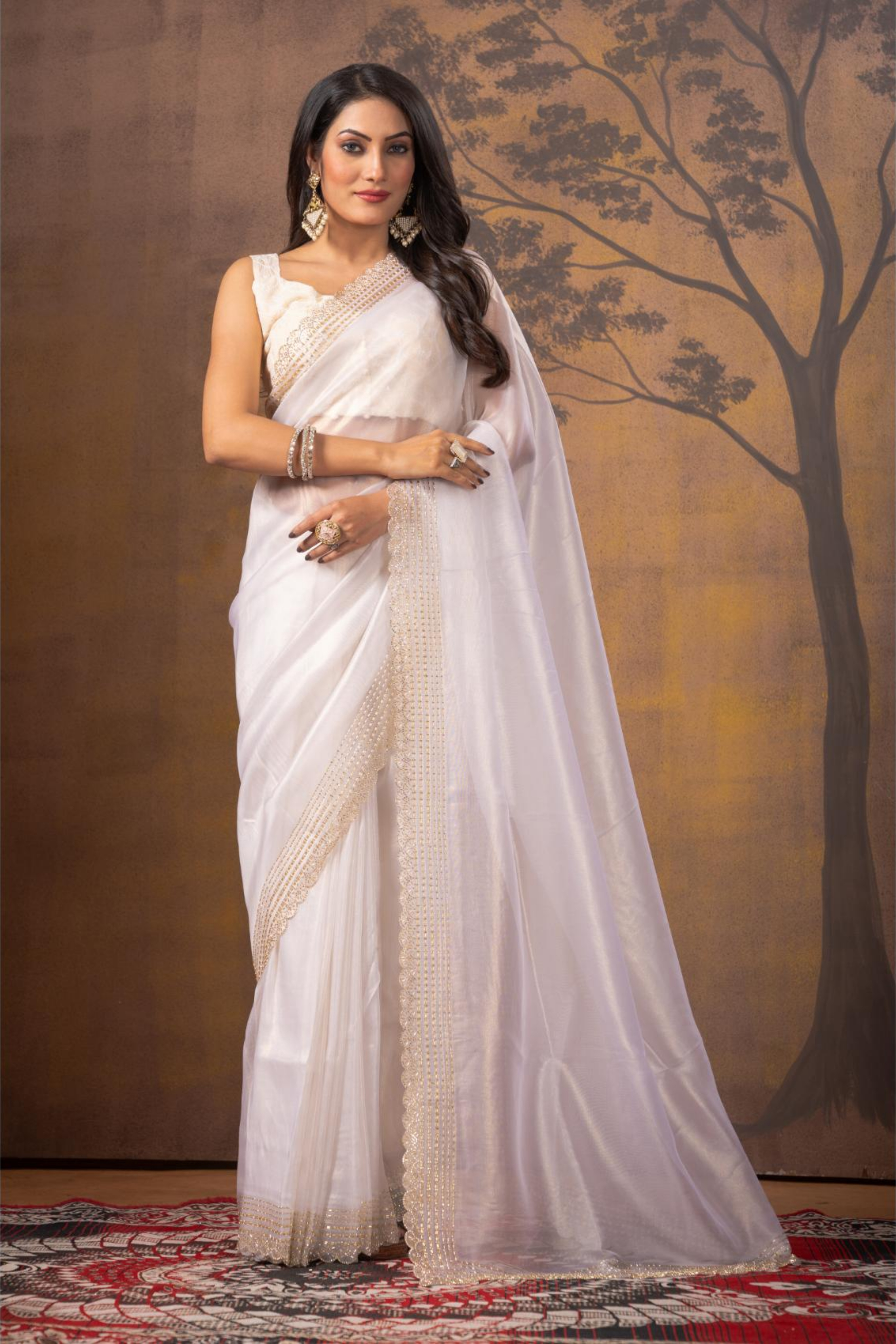 White Block Print Stonework Silk Saree 