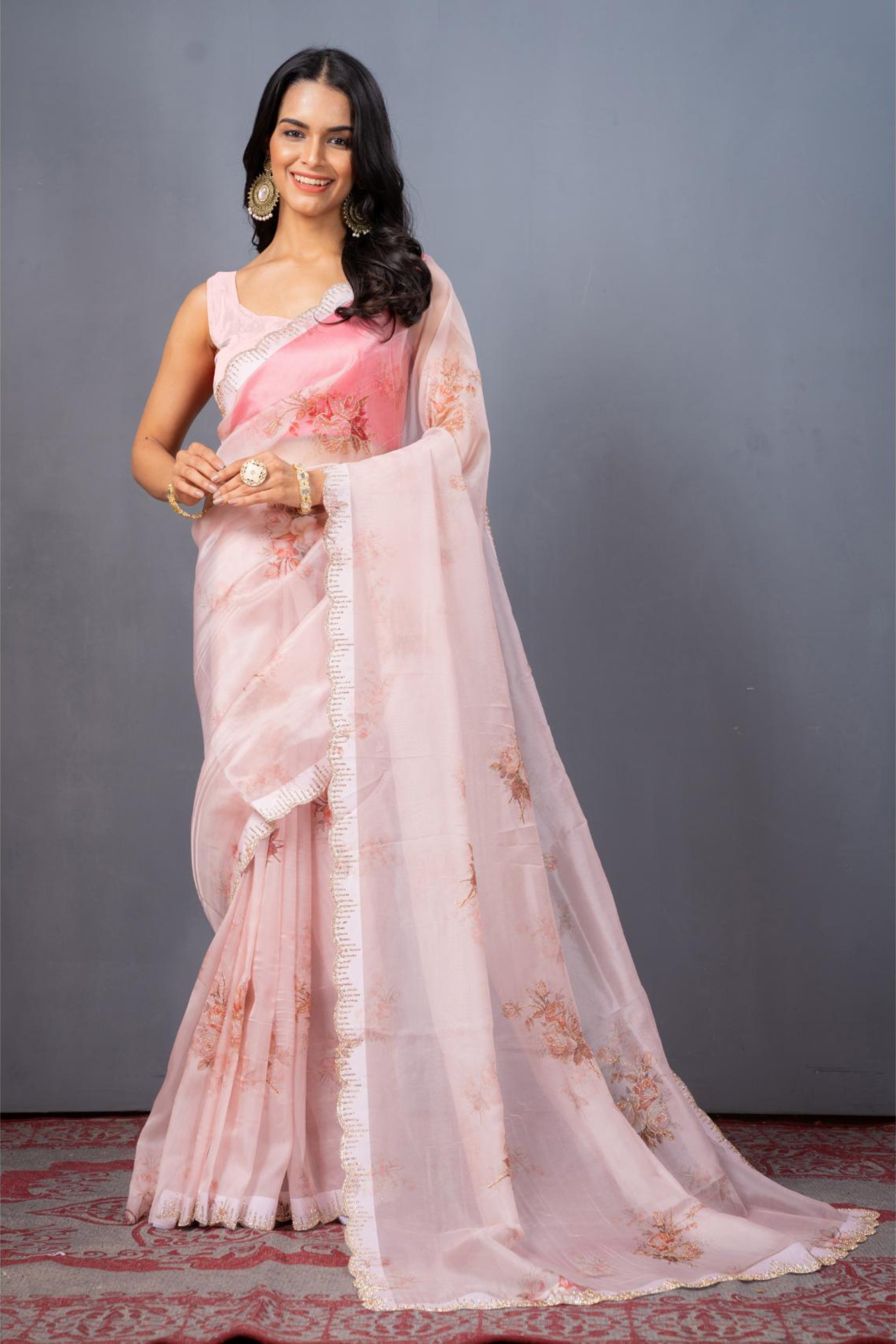 Peach Block print Stonework Organza Silk Saree - Kajree