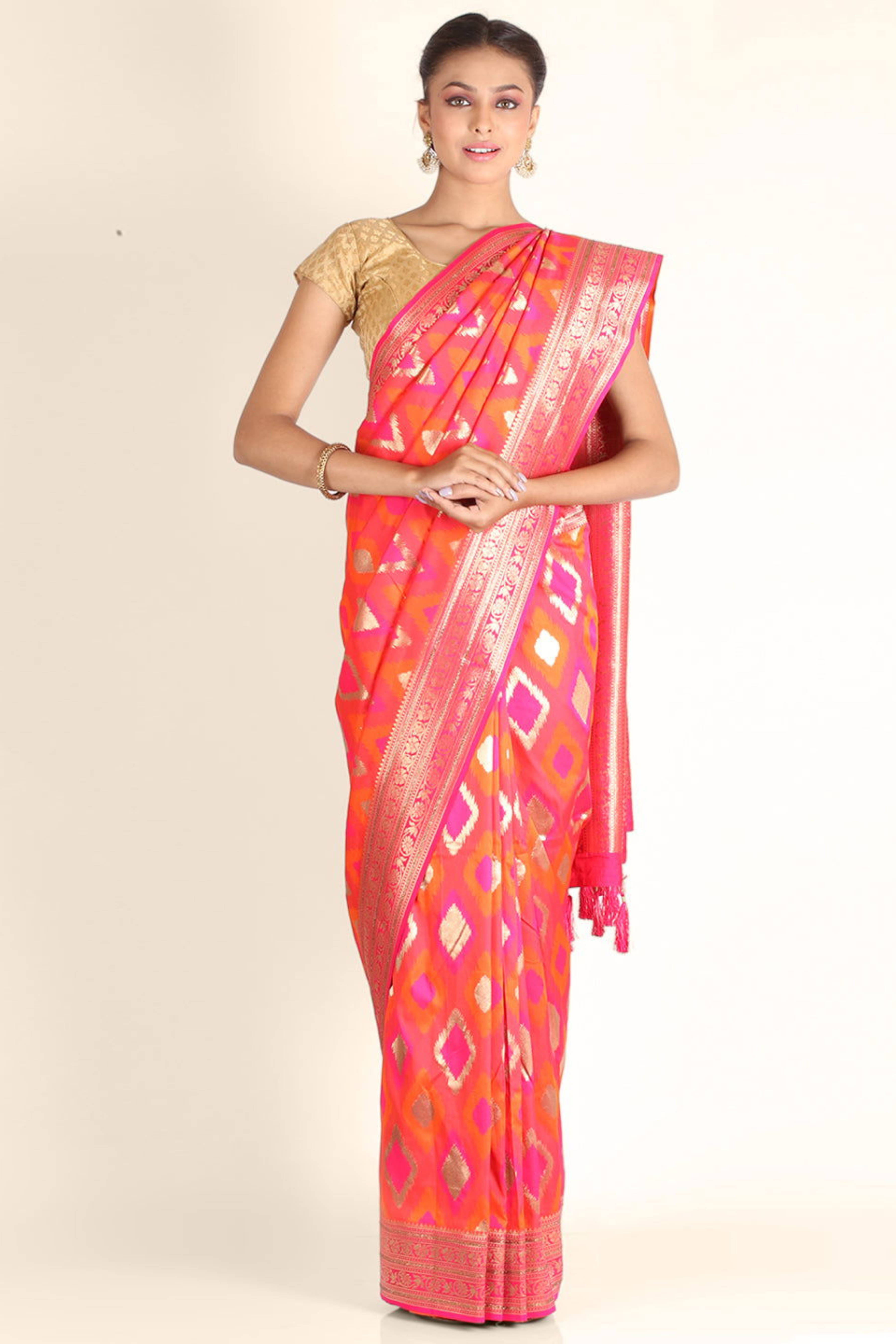 Orange Swarovski Work Taffeta Silk Saree - KAJREE
