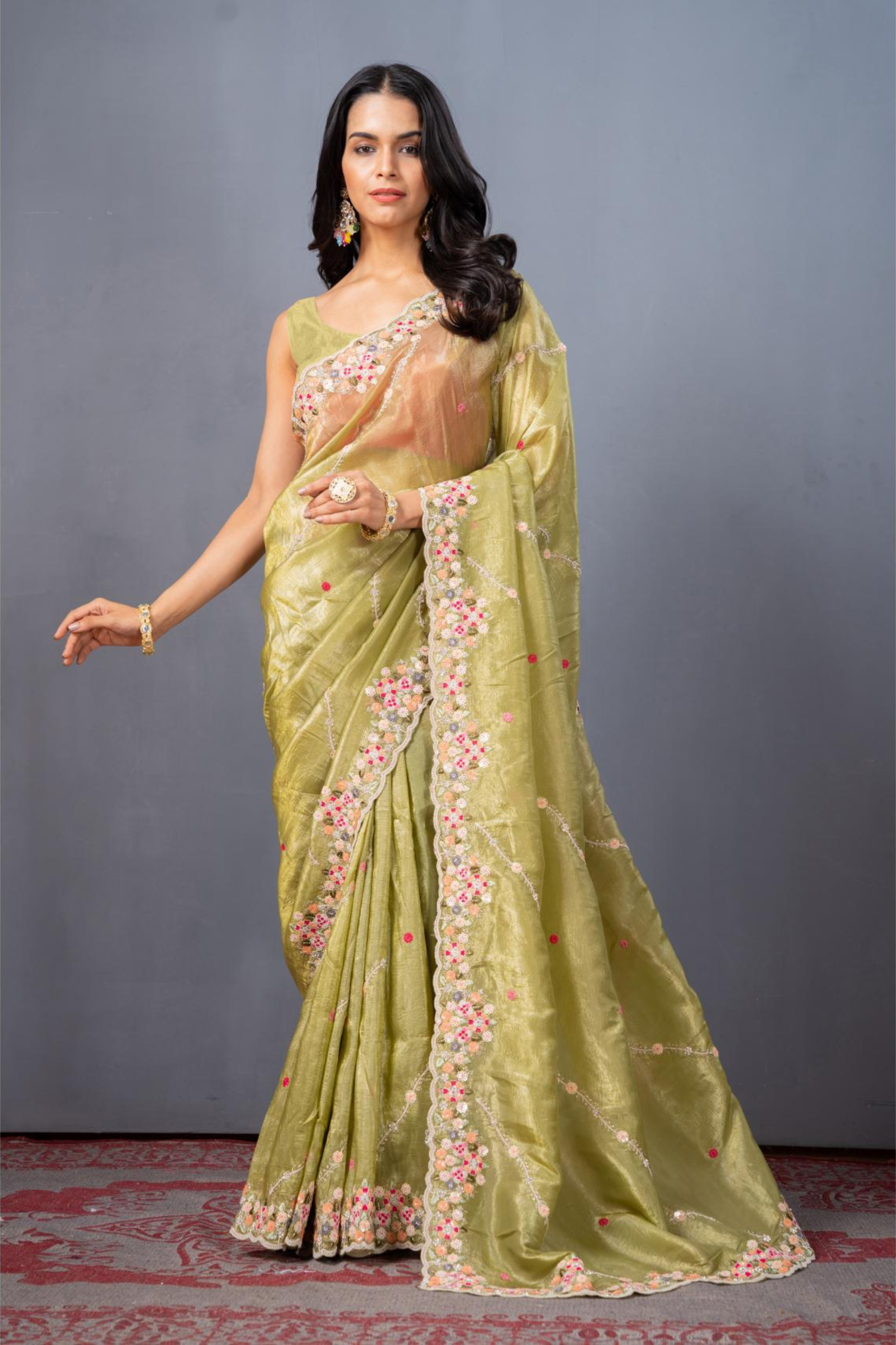 Mehendi Green Threadwork Tissue Silk Sarees - Kajree