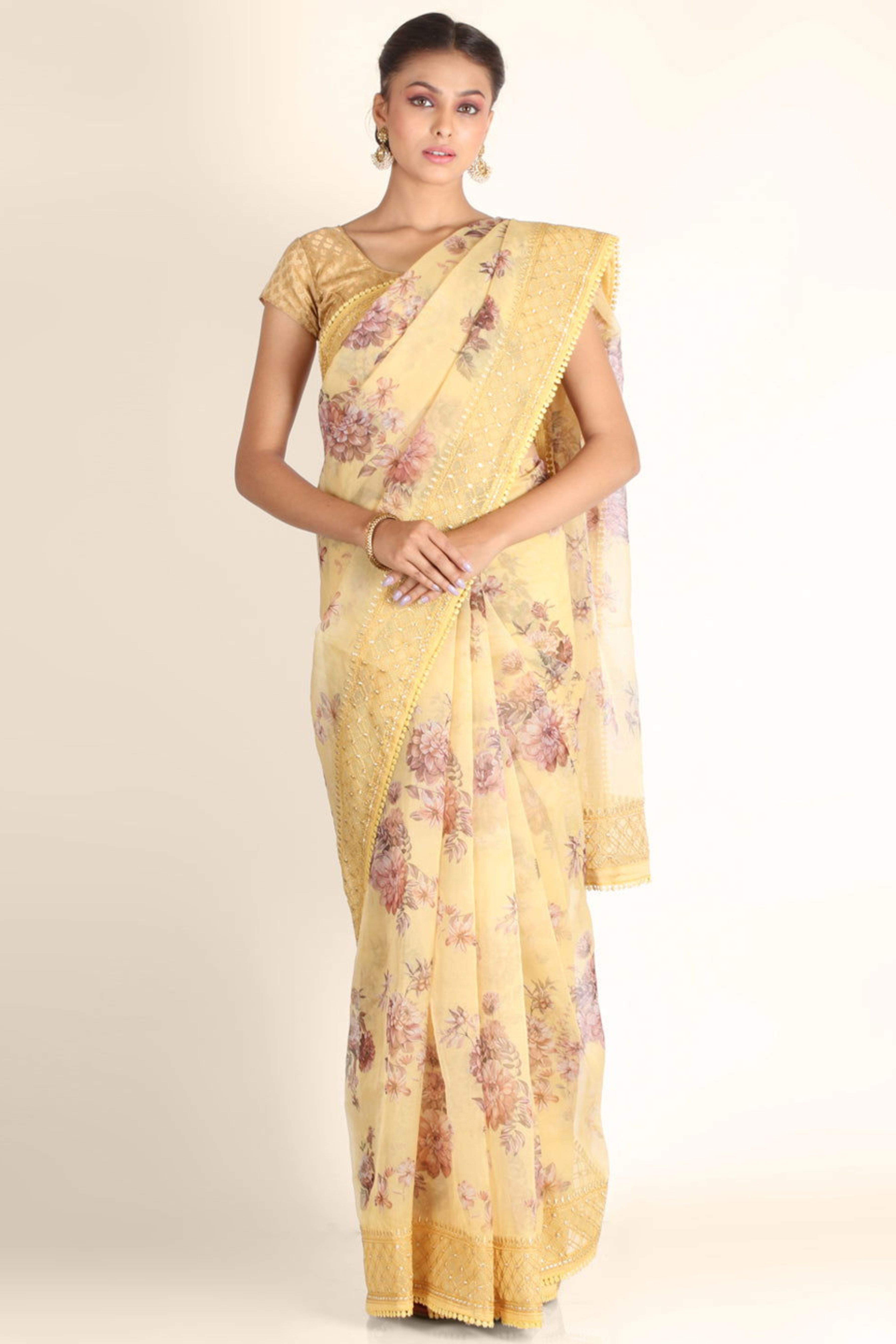 Yellow Abla Work Printed Organza Saree - KAJREE