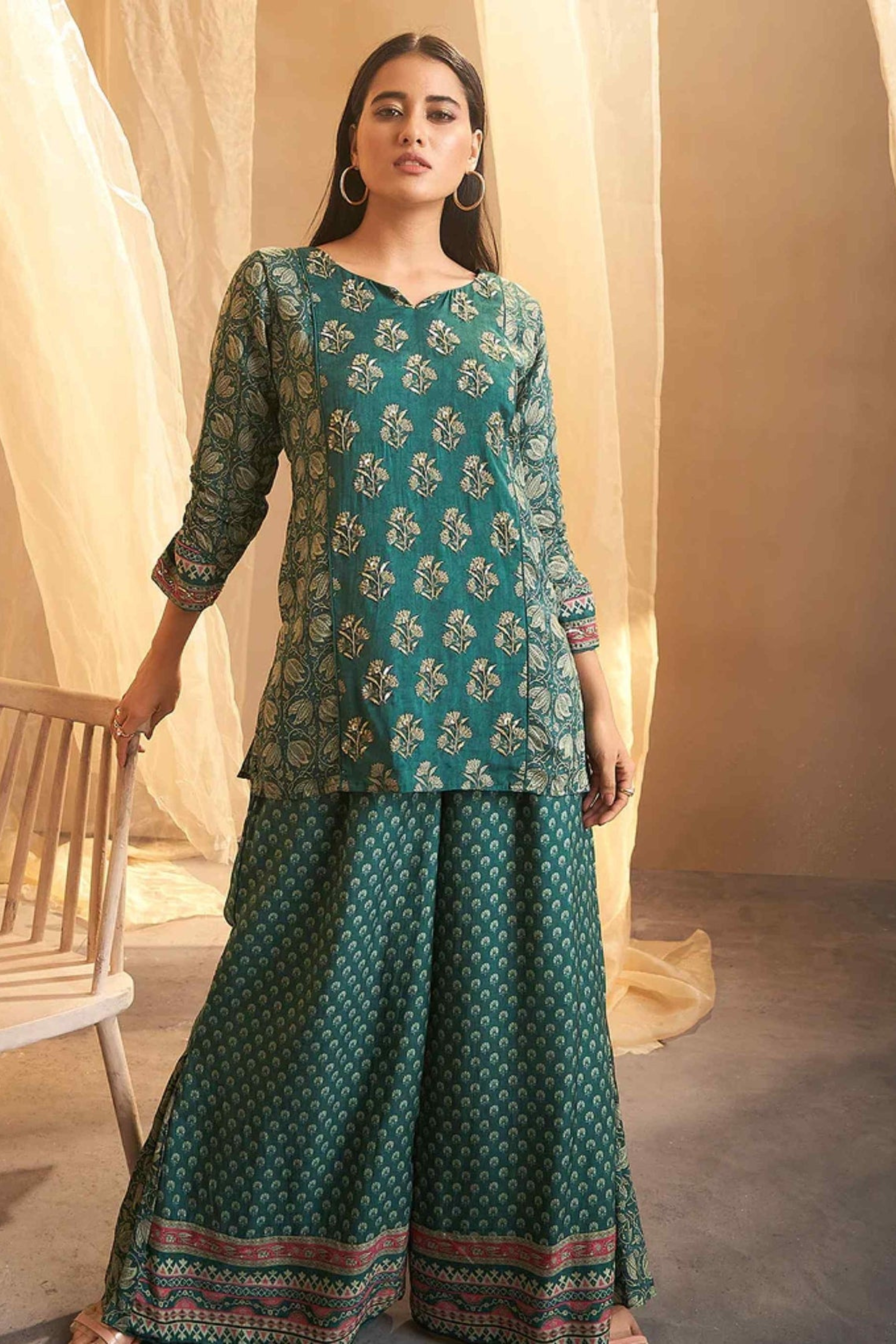 Green Block print handwork Silk Palazzo Set - KAJREE