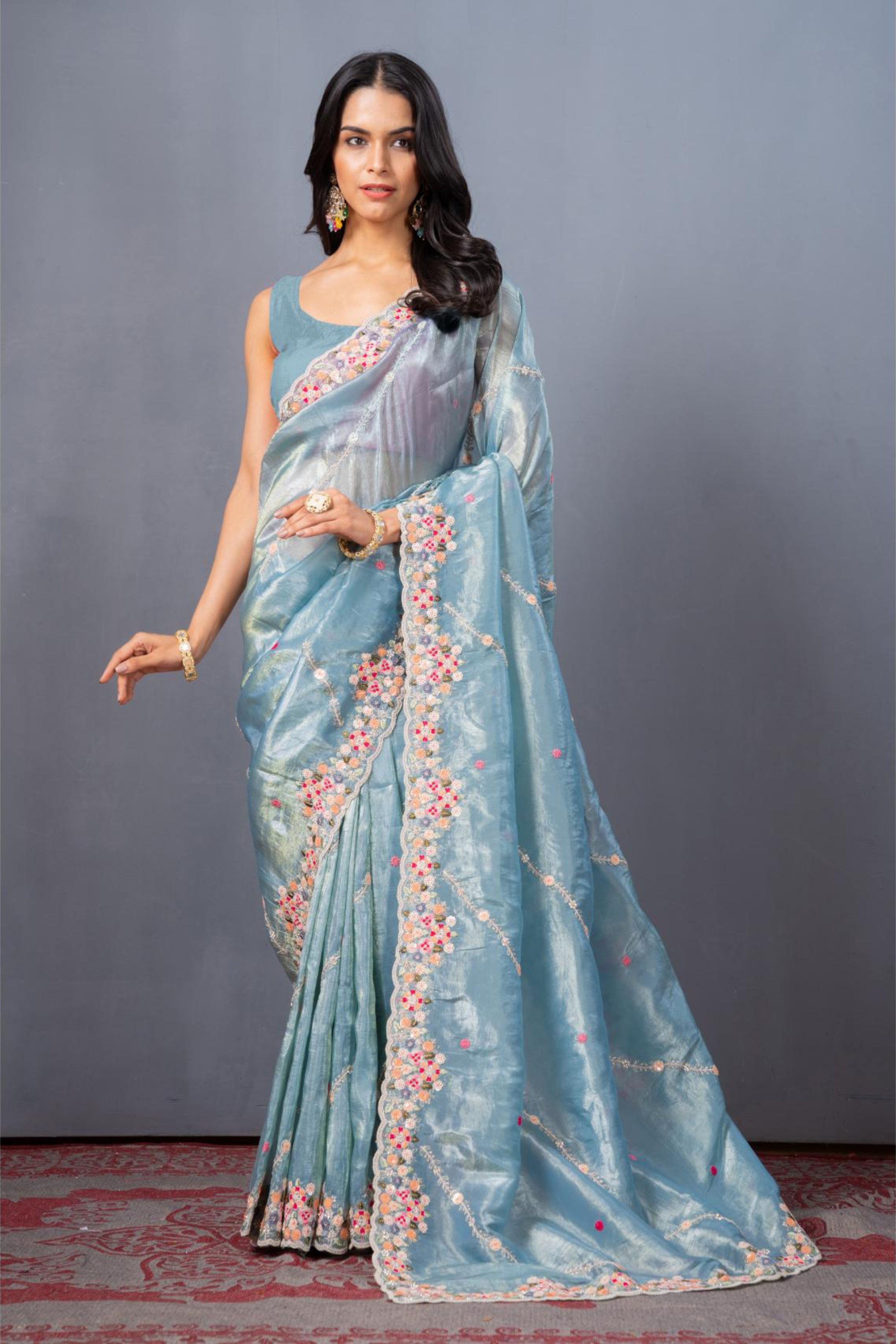 Blue Threadwork Tissue Silk Saree 