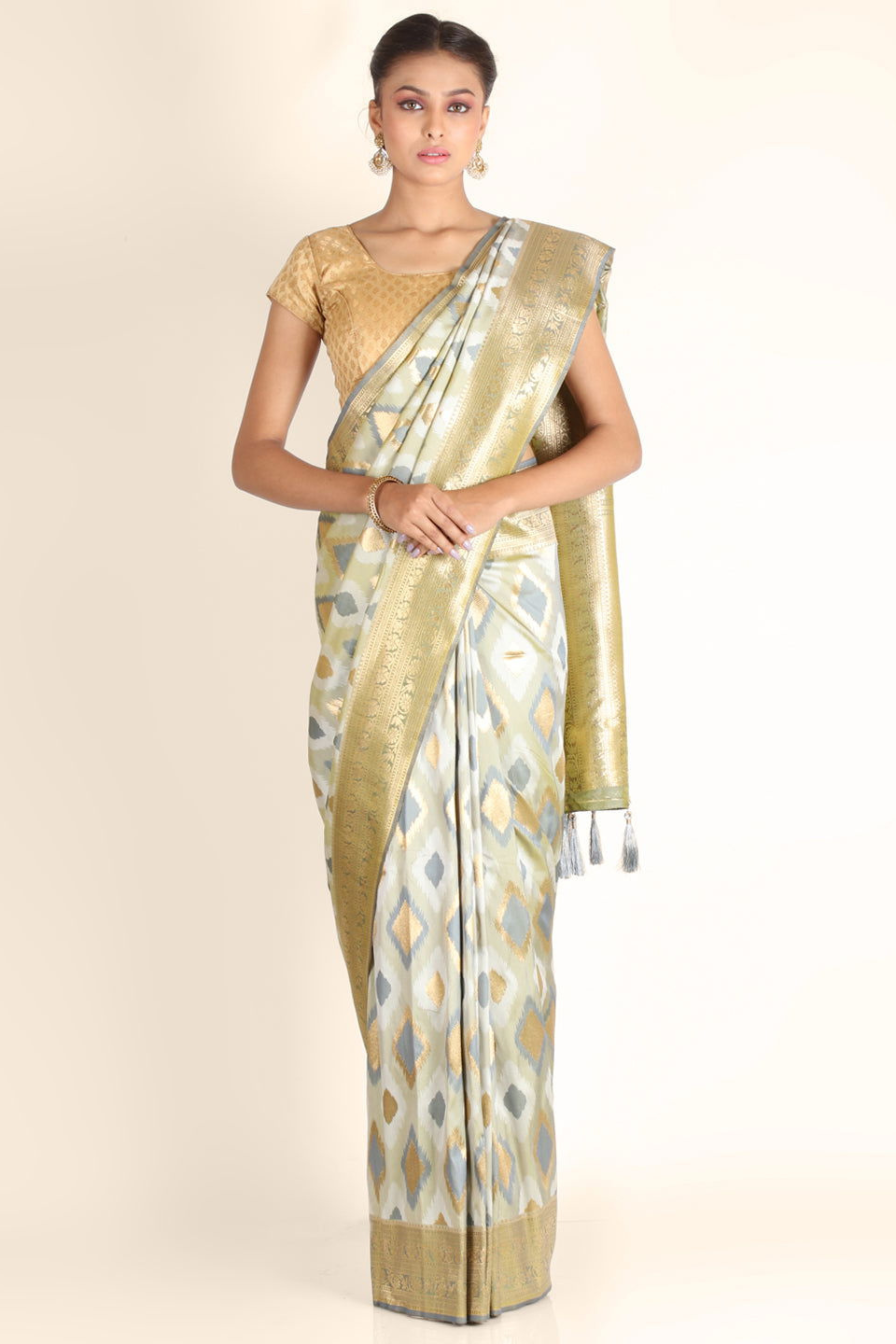 Beige Zariwork Taffeta Silk Saree - KAJREE