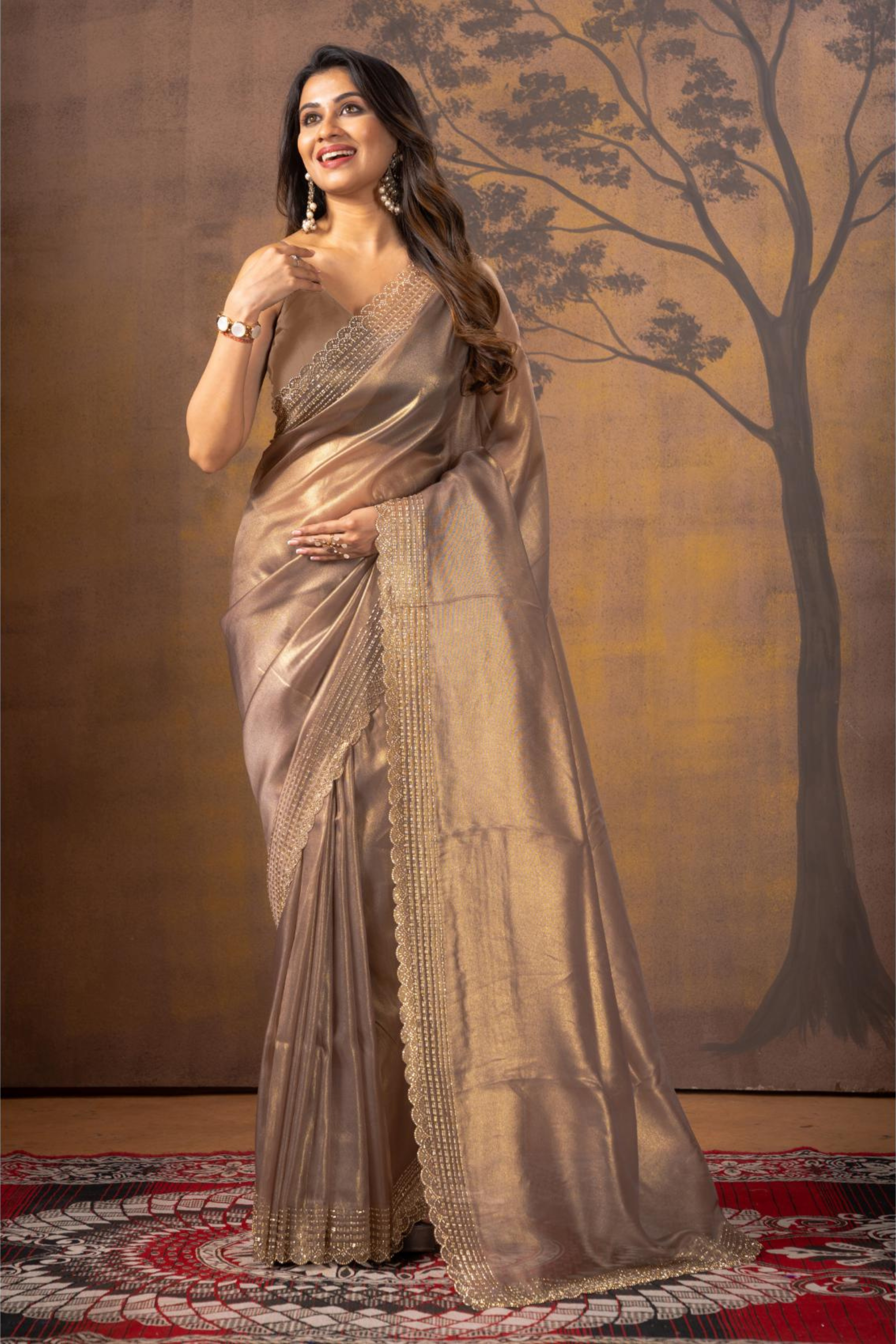 Golden Block Print Stonework Net Saree 