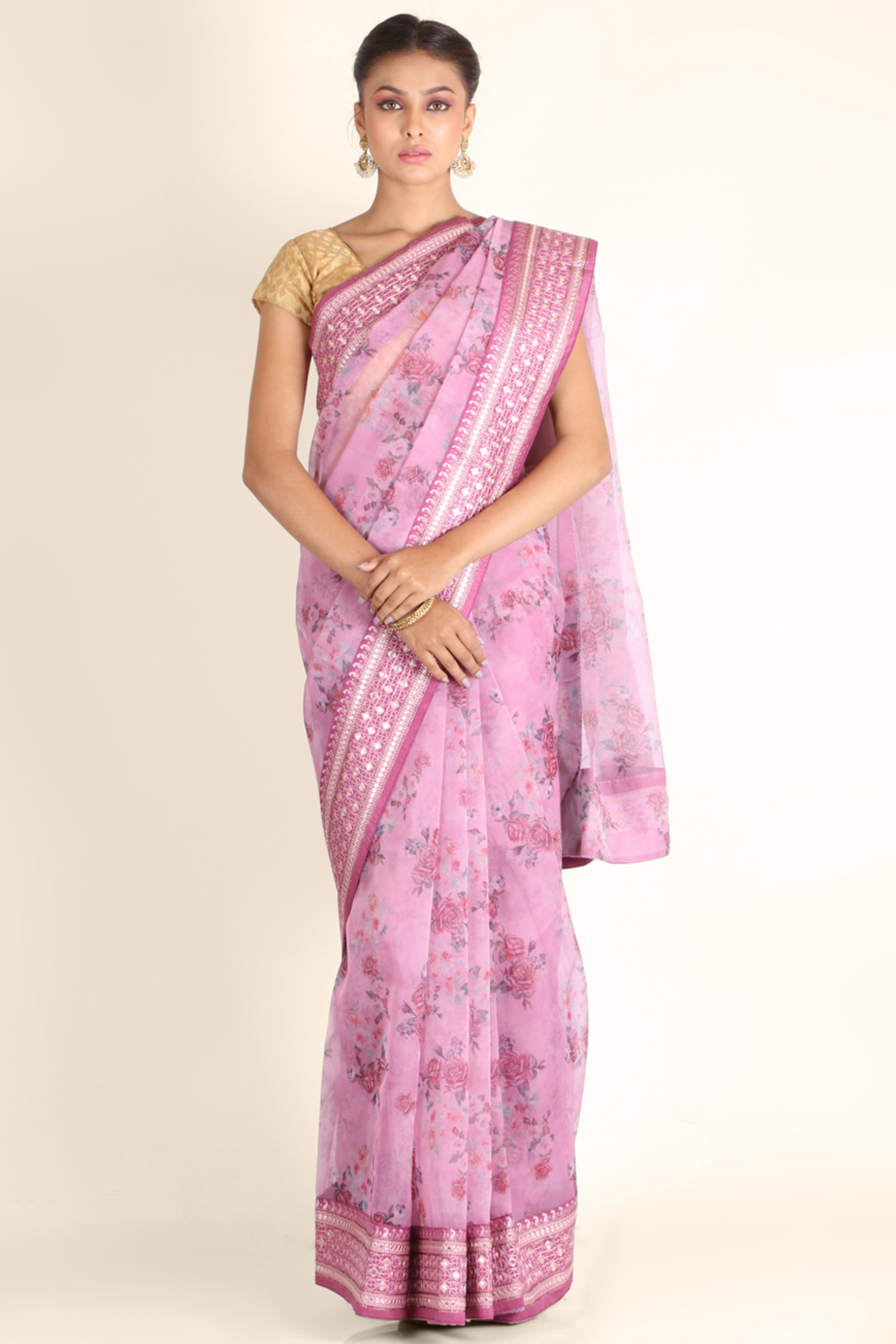 Lavender Abla Work Printed Organza Saree - Kajree