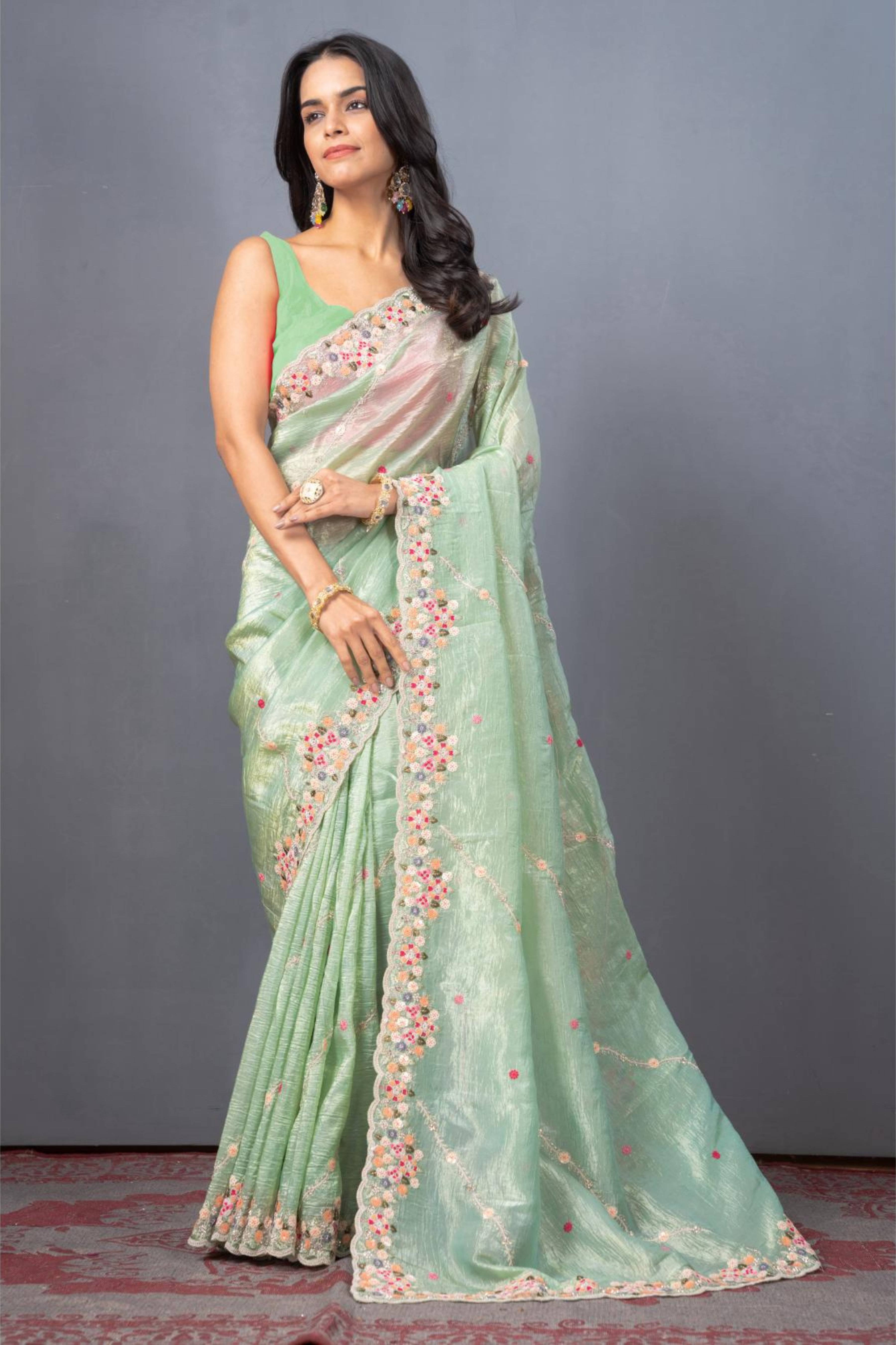 Sea Green Threadwork Tissue Silk Saree - Kajree 