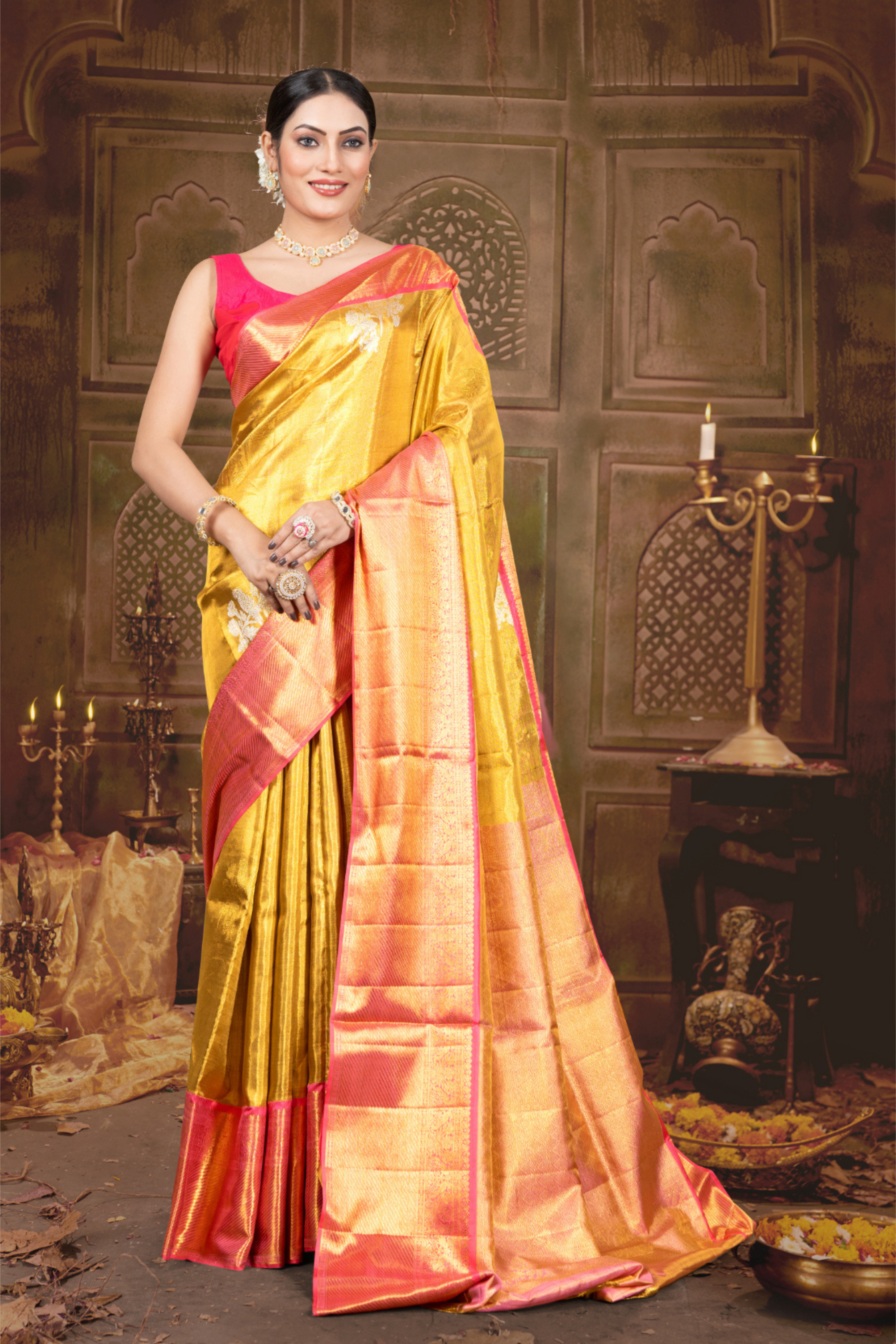 Yellow Zariwork and Kanjiwaram tissue Pure Silk Saree 