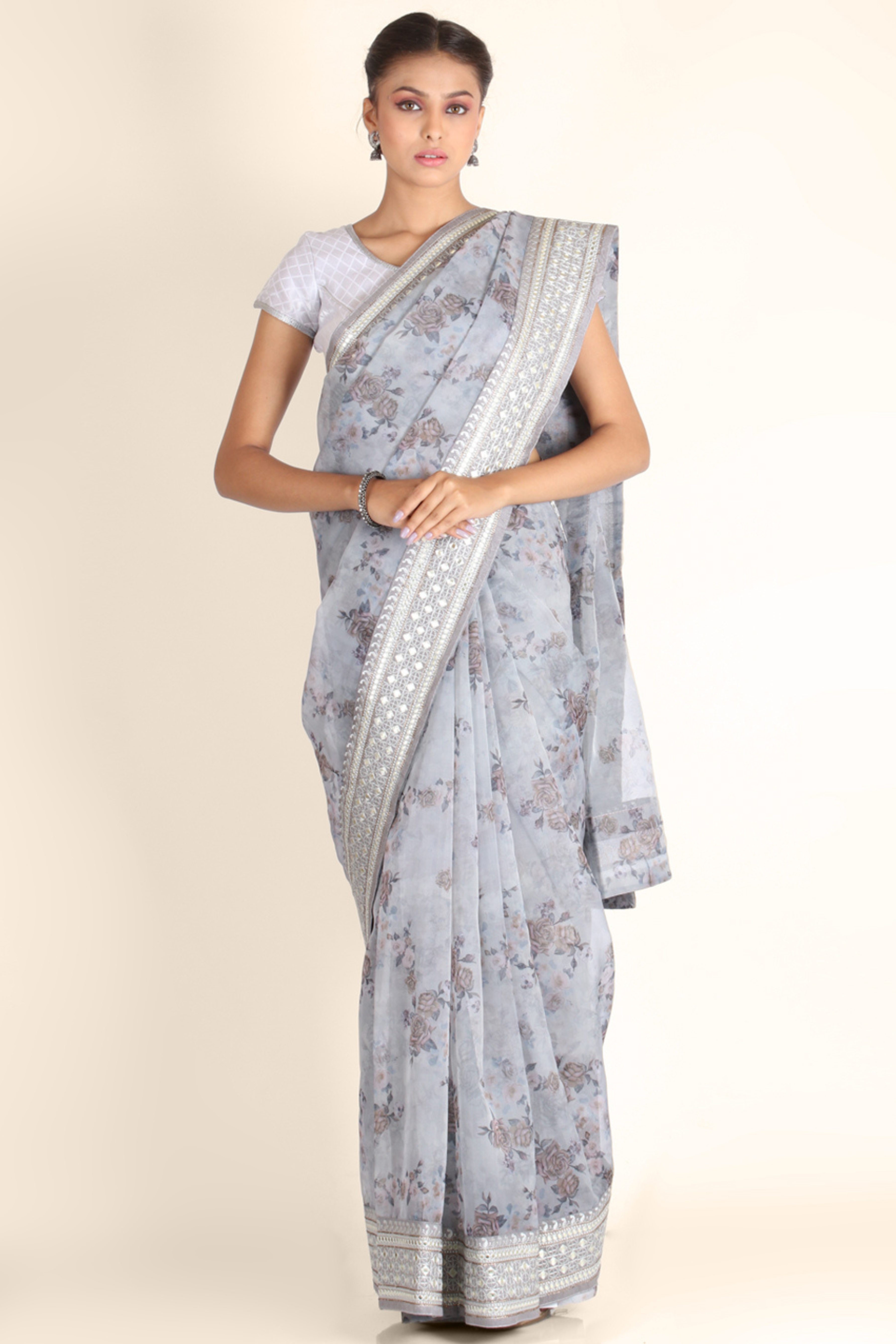 Grey Abla Work Organza Saree 