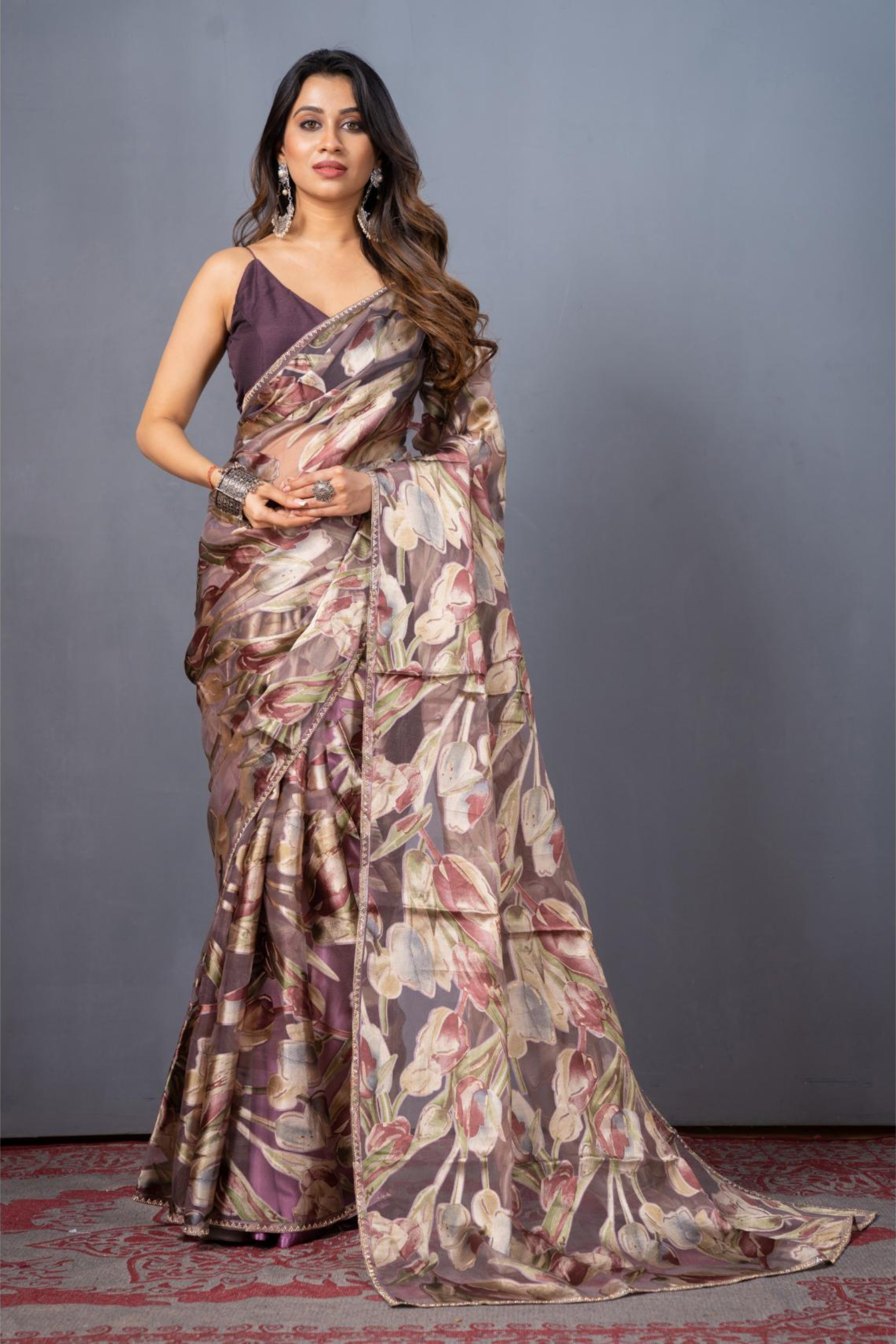 Lavender Block Print Stonework Organza Saree 